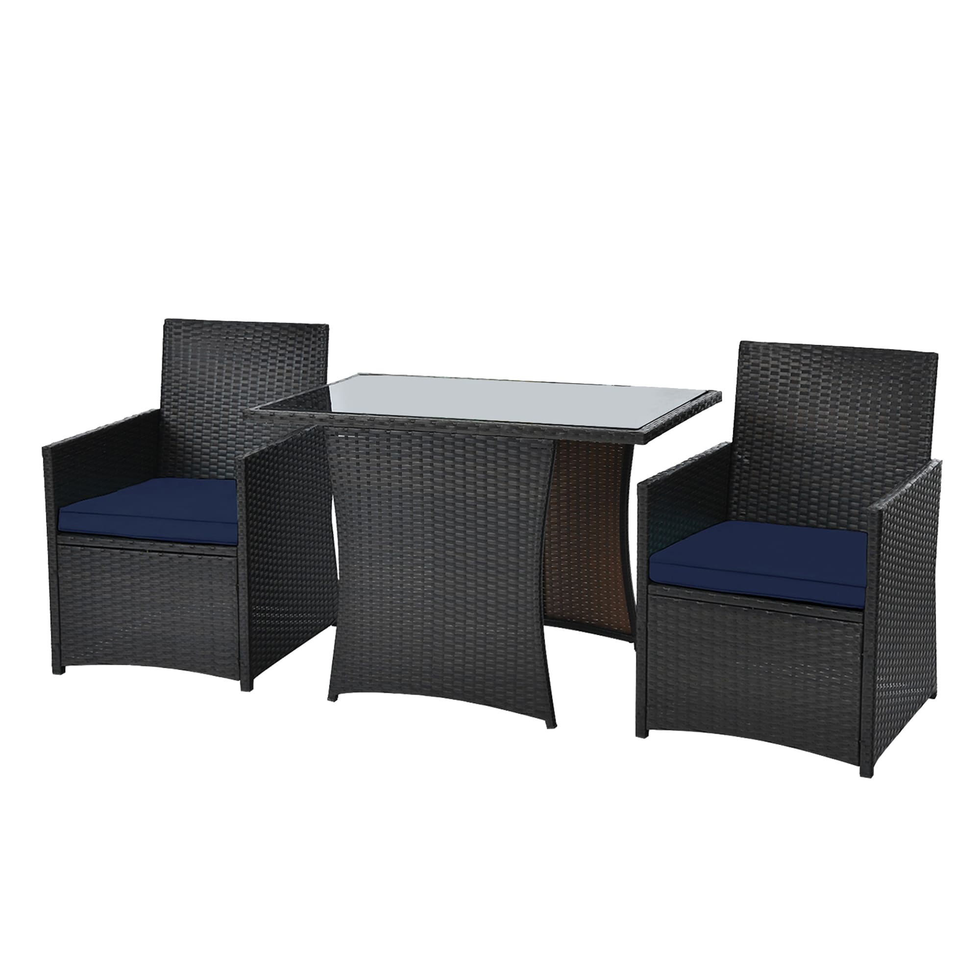 WELLFOR OUJ68178NY 3 -Piece Rattan Patio Conversation Set with Blue Cushions