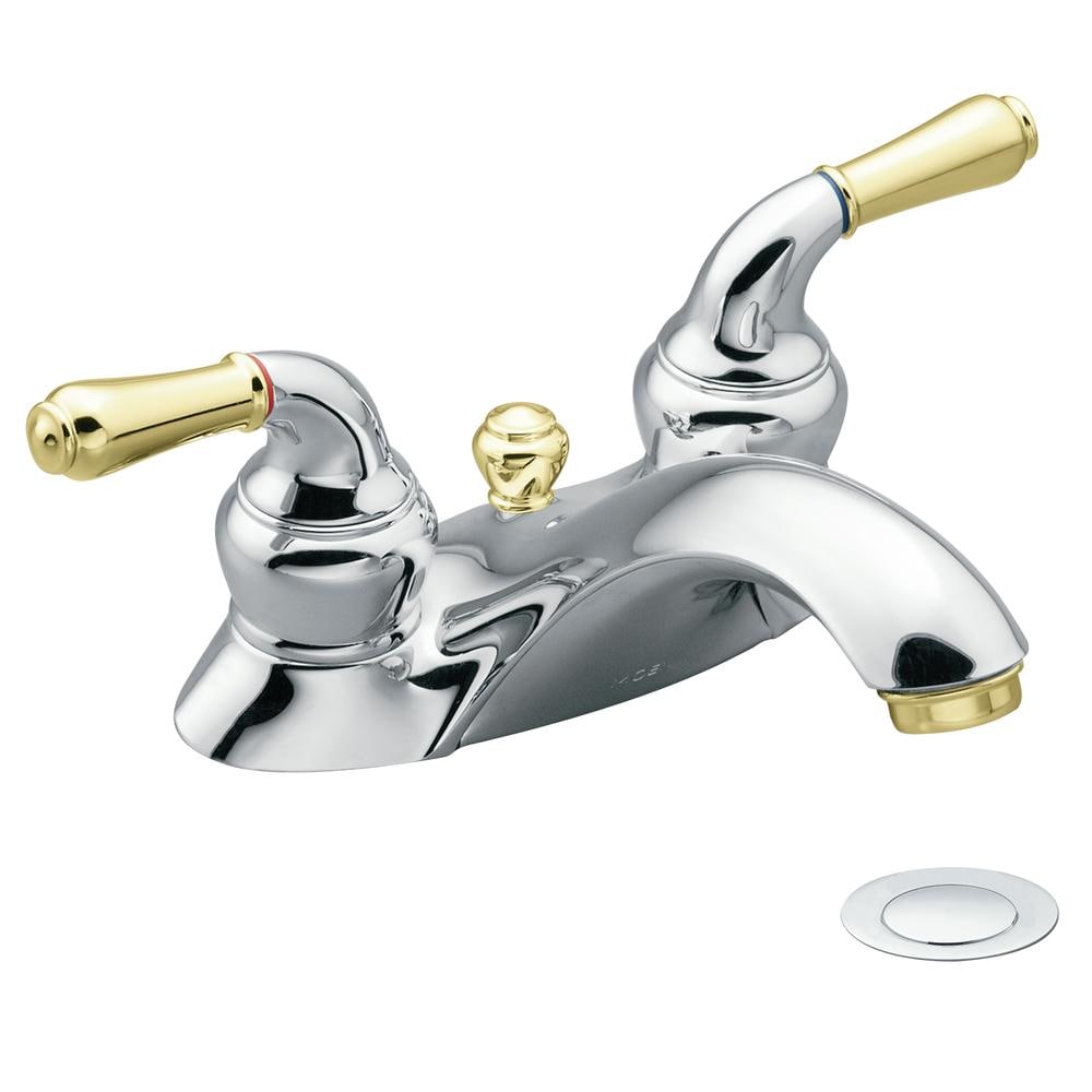 Moen Monticello Chrome and Polished Brass 2 handle 4 in centerset WaterSense Low arc Bathroom Sink Faucet with Drain in the Bathroom Sink Faucets department at Lowes