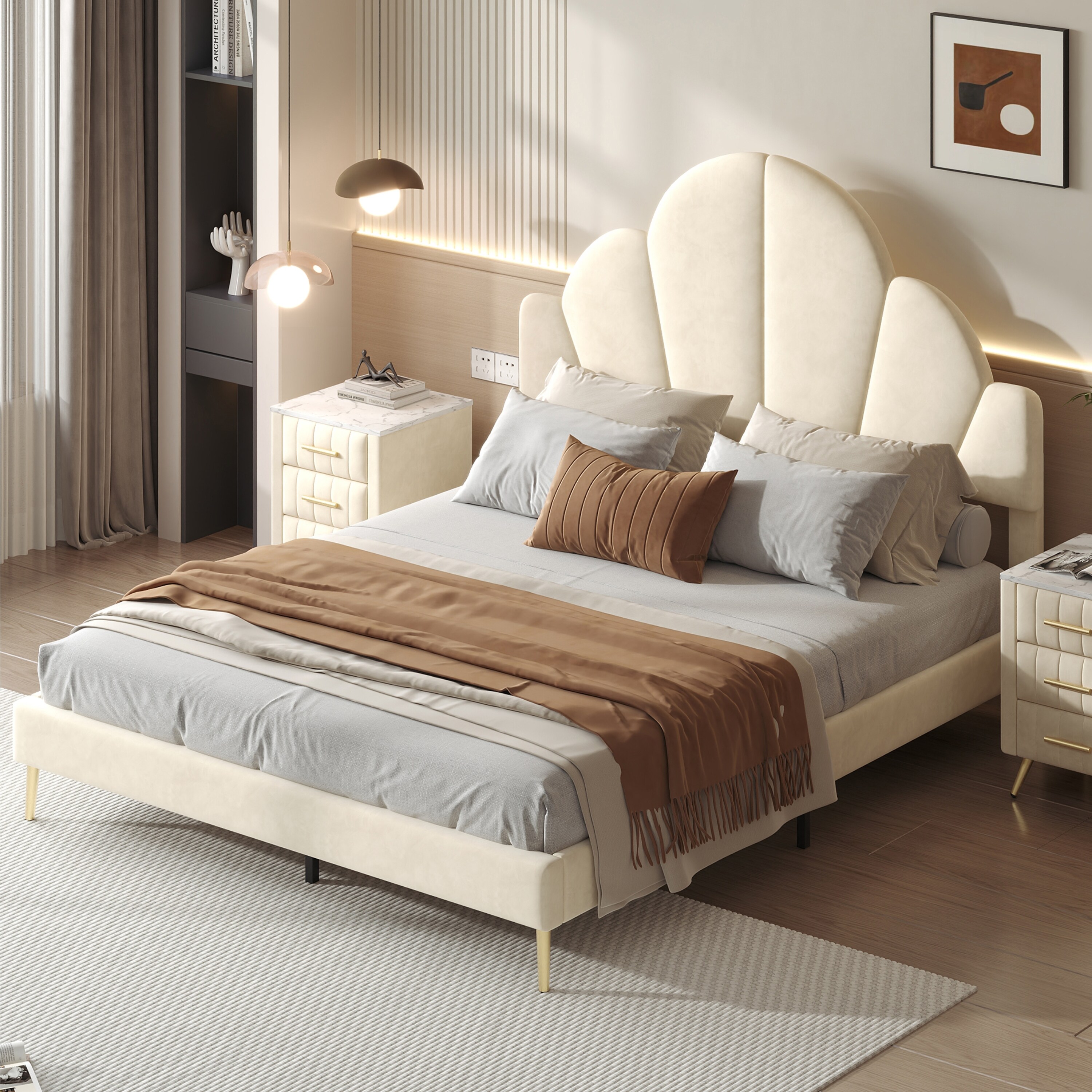 ModernLuxe N733P208518A Queen Size Upholstered Bed Frame with Elegant DesignModern Velvet Platform Bed with Petal Shape HeadboardBeige
