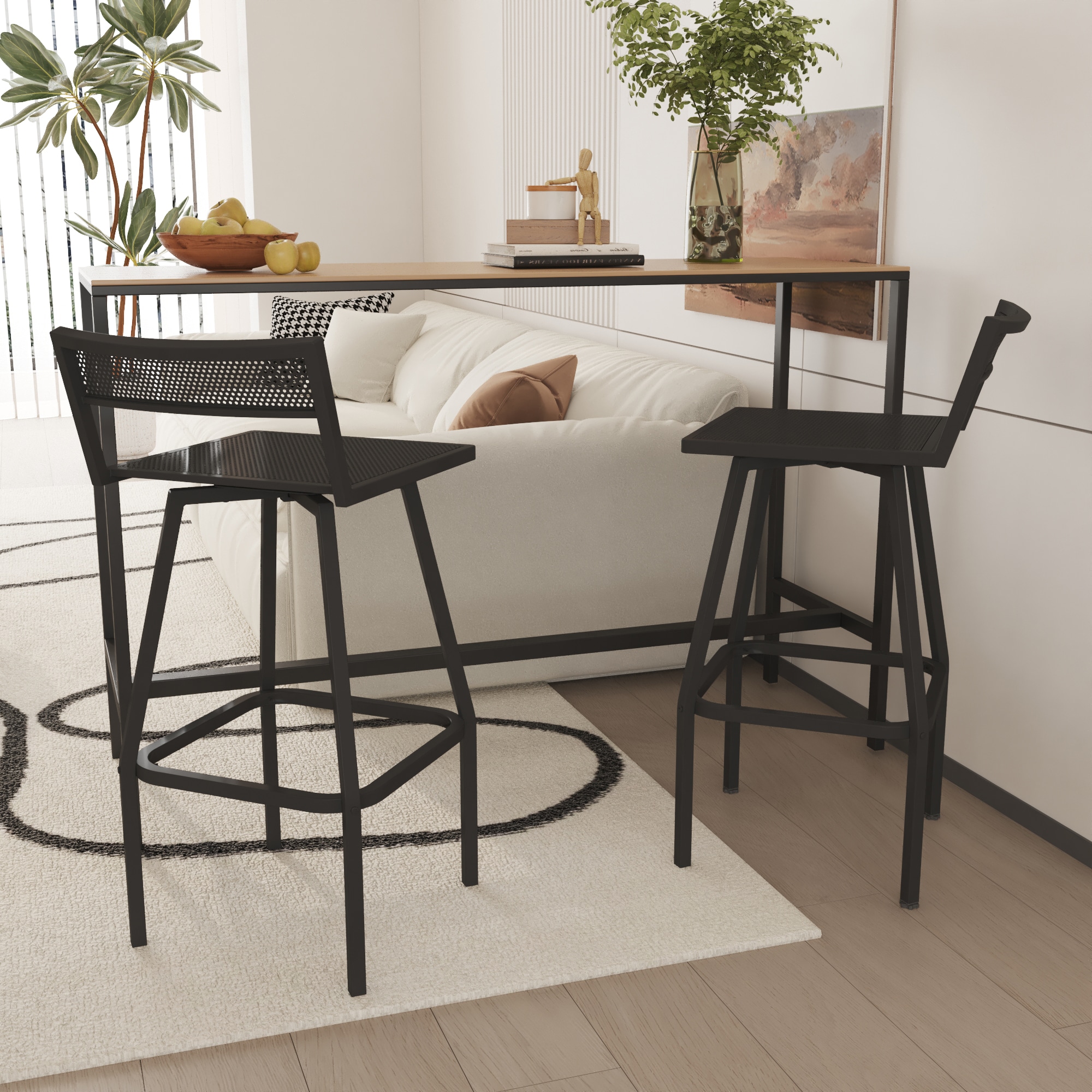 FUFU&GAGA ZYK0277-02 Outdoor Low Back Swivel Bar Stools with Cushion Set of 2 Black Steel Frame Swivel Conversation Chair with Black Cushioned Seat