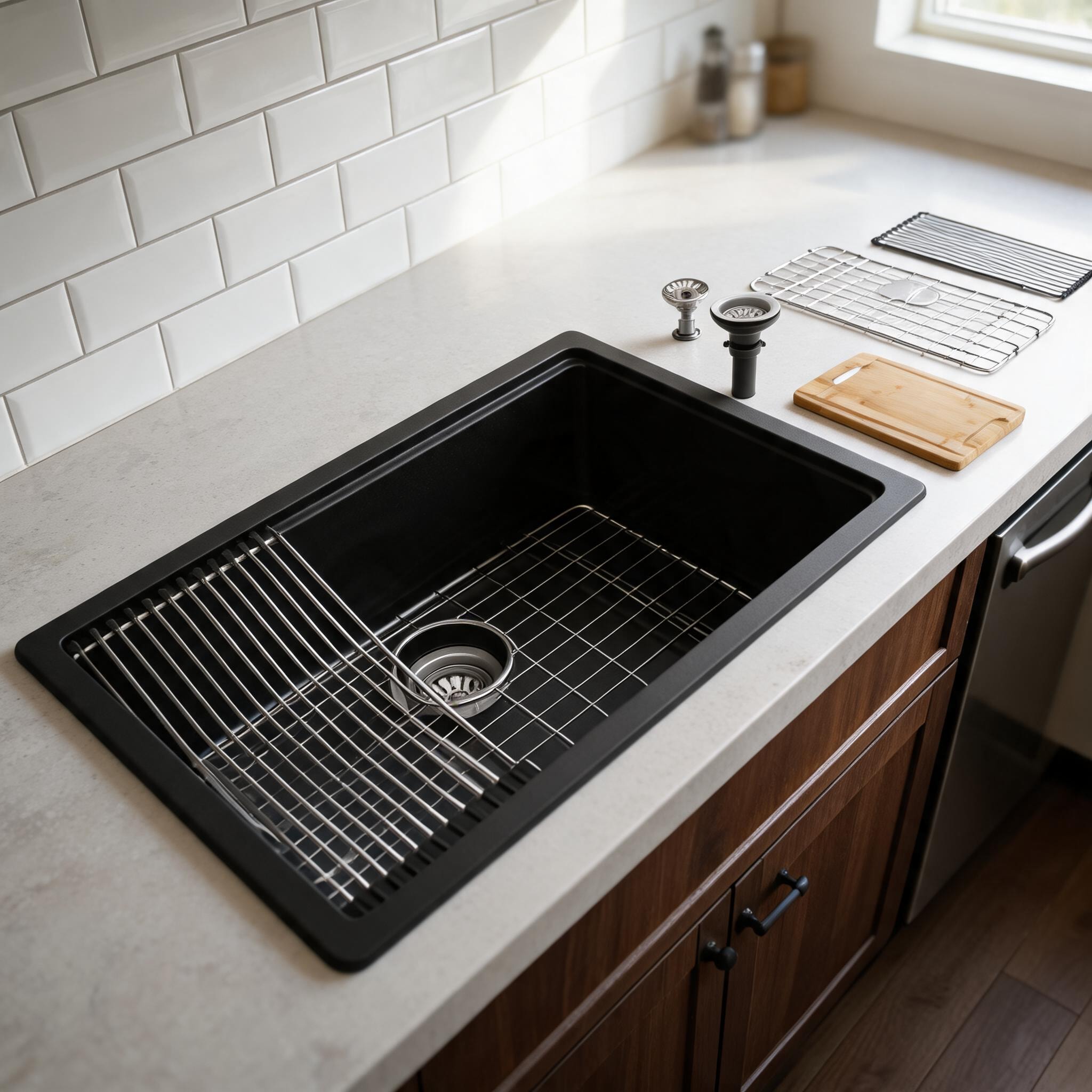 Watnature  30 times 19 Inch Undermount Single Basin Quartz Composite Kitchen Sink Sleek Black