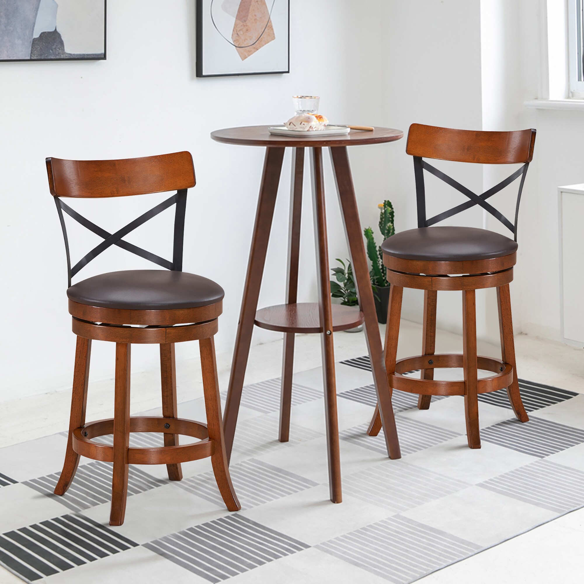 Set of 2 Swivel Brown Rubberwood Bar Stools with Metal Backrest
