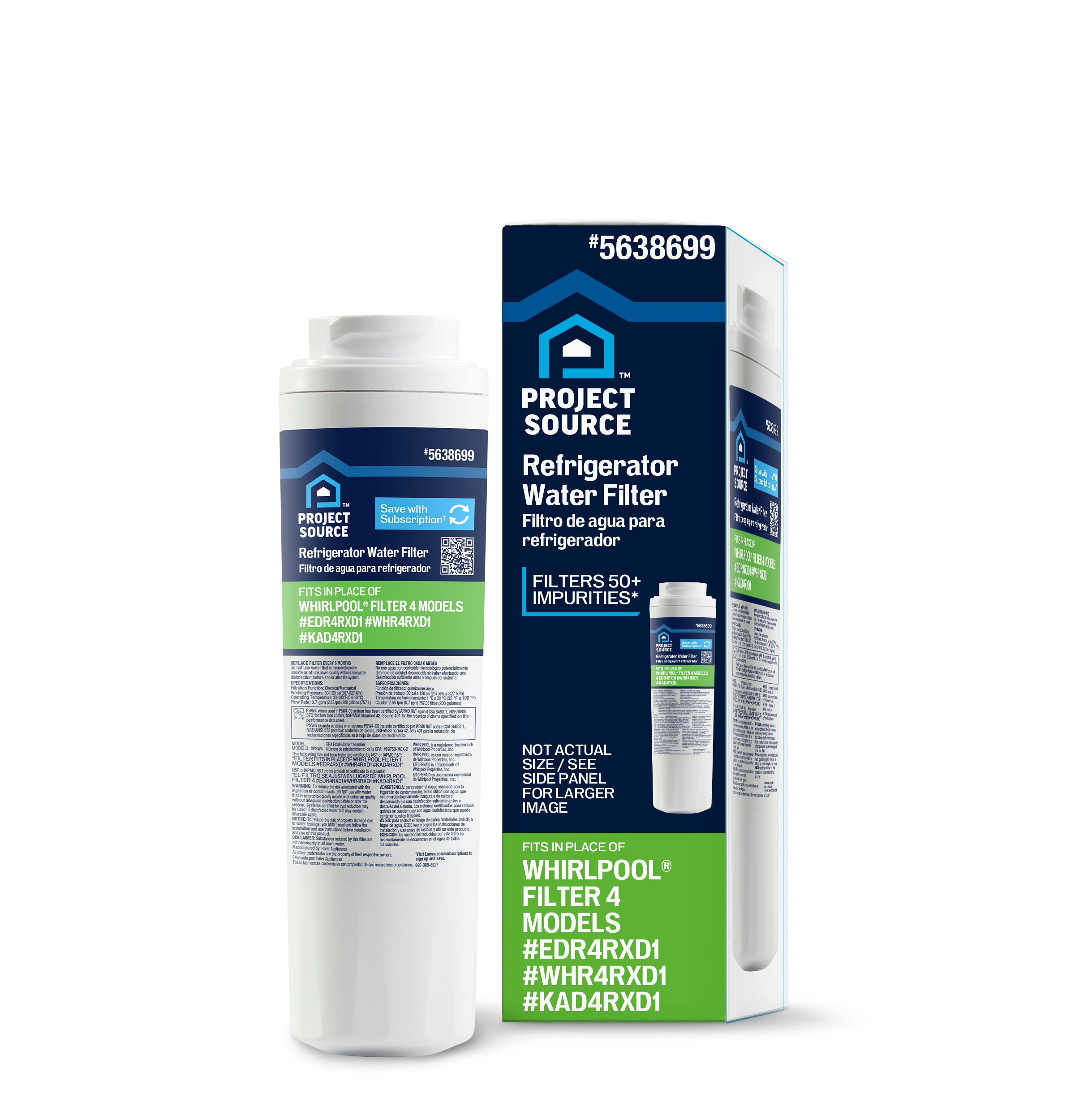 Project Source PSW4 Twist-in Refrigerator Water Filter Fits Whirlpool Filter EDR4RXD1