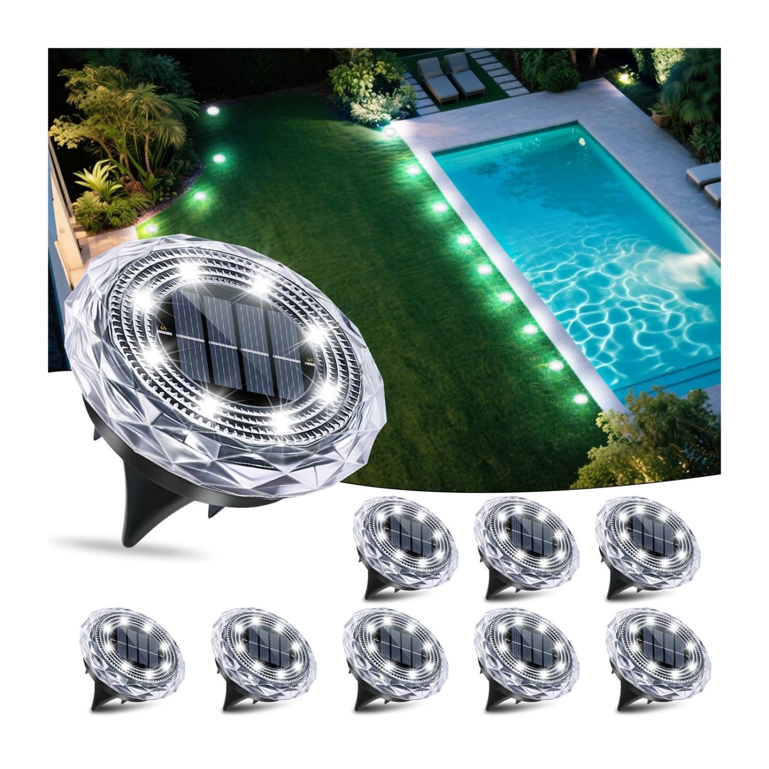 Angel Sar 4.7in Dia Solar Driveway Lights 8-Pack Solar Disc Cool White Waterproof Landscape Light