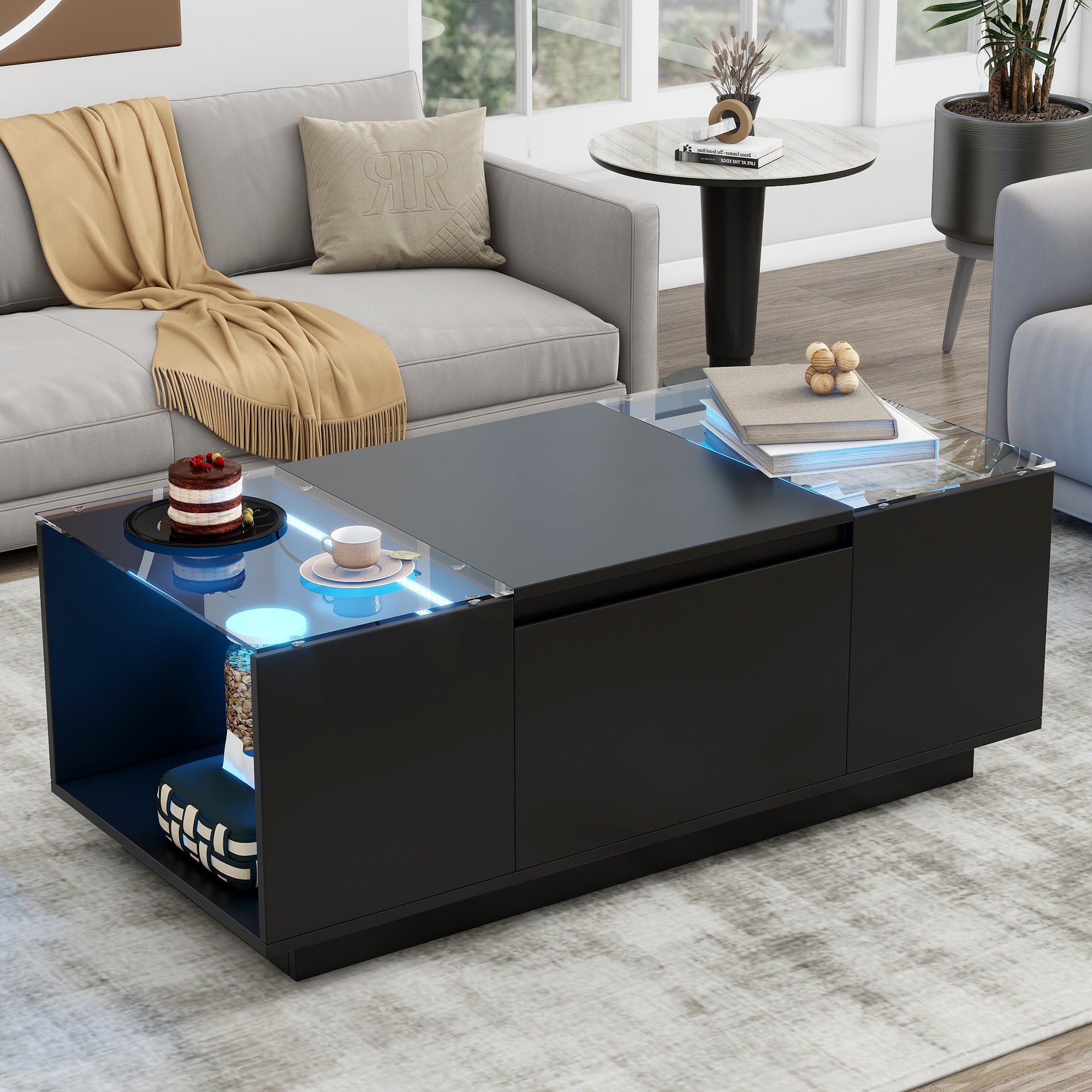 LOVMOR SF-Y-N724P290056B U Can Led Coffee Table Modern Center Table with High Gloss Finish and Glass Tabletop Coffee Table with Open Storage Compartment and 2 Hidden Drawers  for Living Room