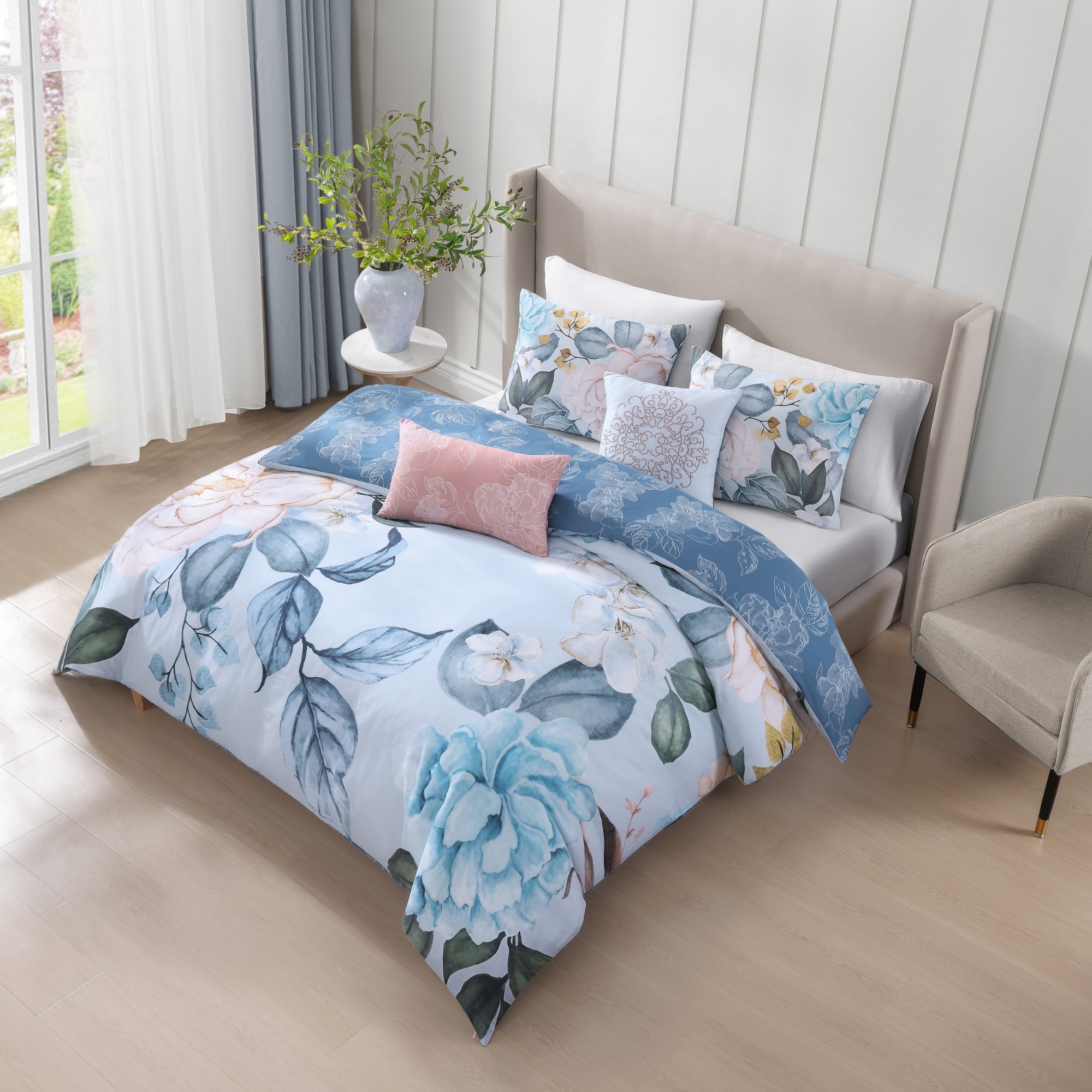 Sky Blue Floral Cotton Queen Reversible Comforter Set
