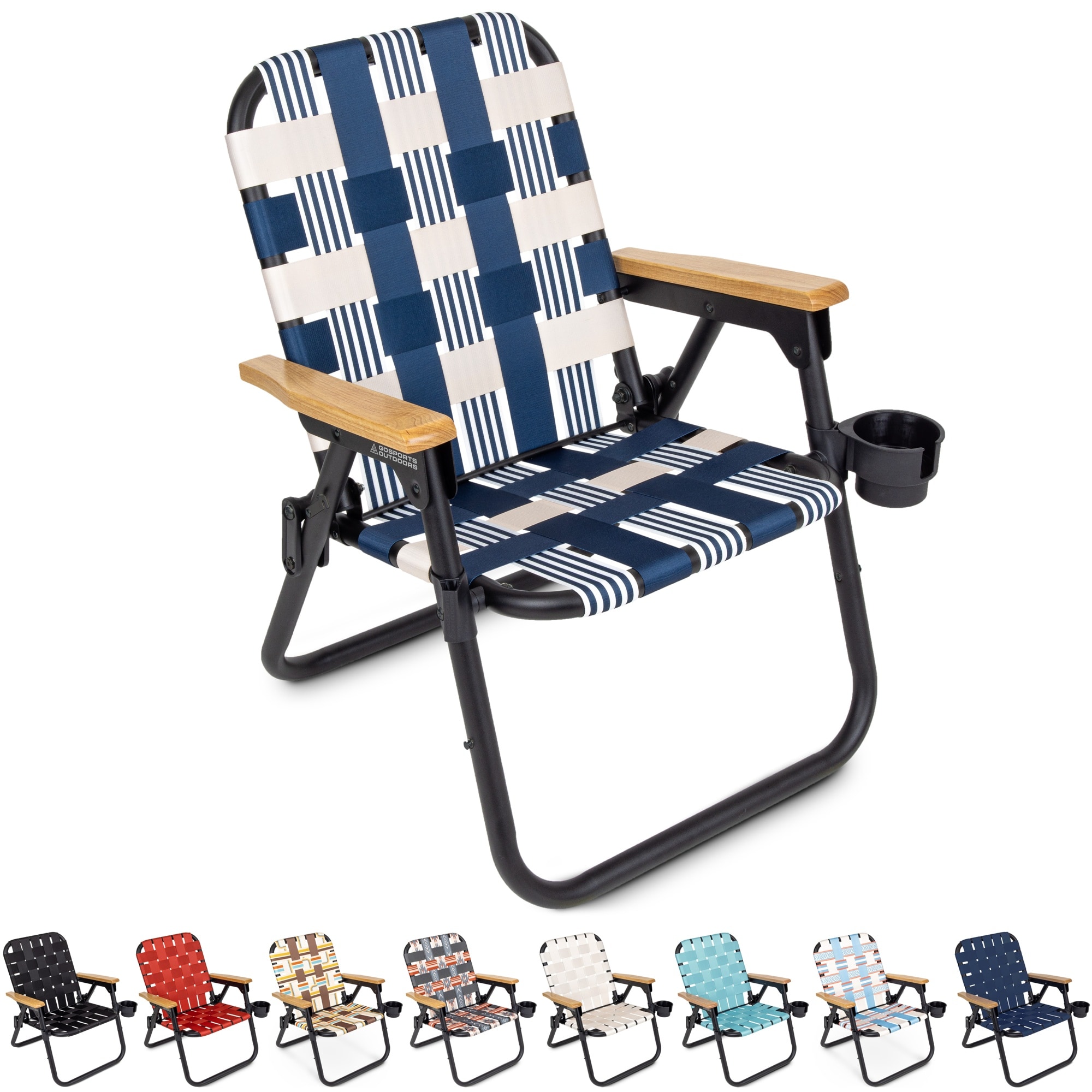 Lido Blue and White Woven Folding Beach Camping Chair with Hardwood Arms