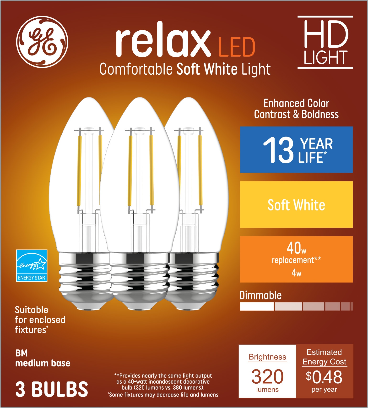 GE Relax 40-Watt EQ B11 Soft Base (e-26) Dimmable LED Candle Decorative (3-Pack) in the Decorative Light Bulbs department at Lowes.com