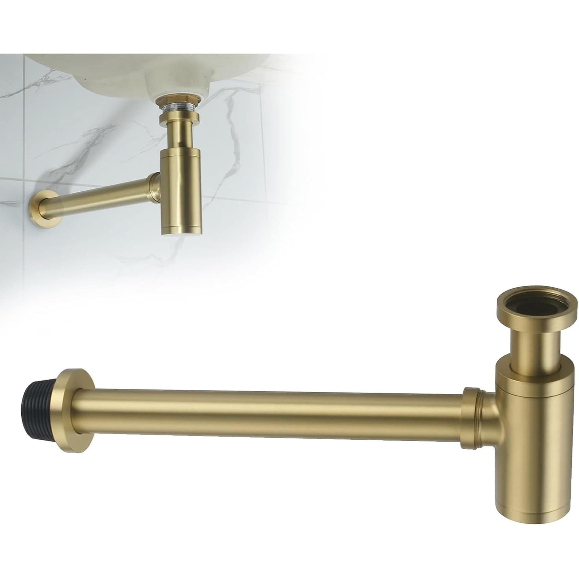 Numhew 1.25in Adjustable Brushed Gold 1-Piece Round Bottle P-Trap Bathroom Sink Waste Trap Drain Kit #NHBEN34758
