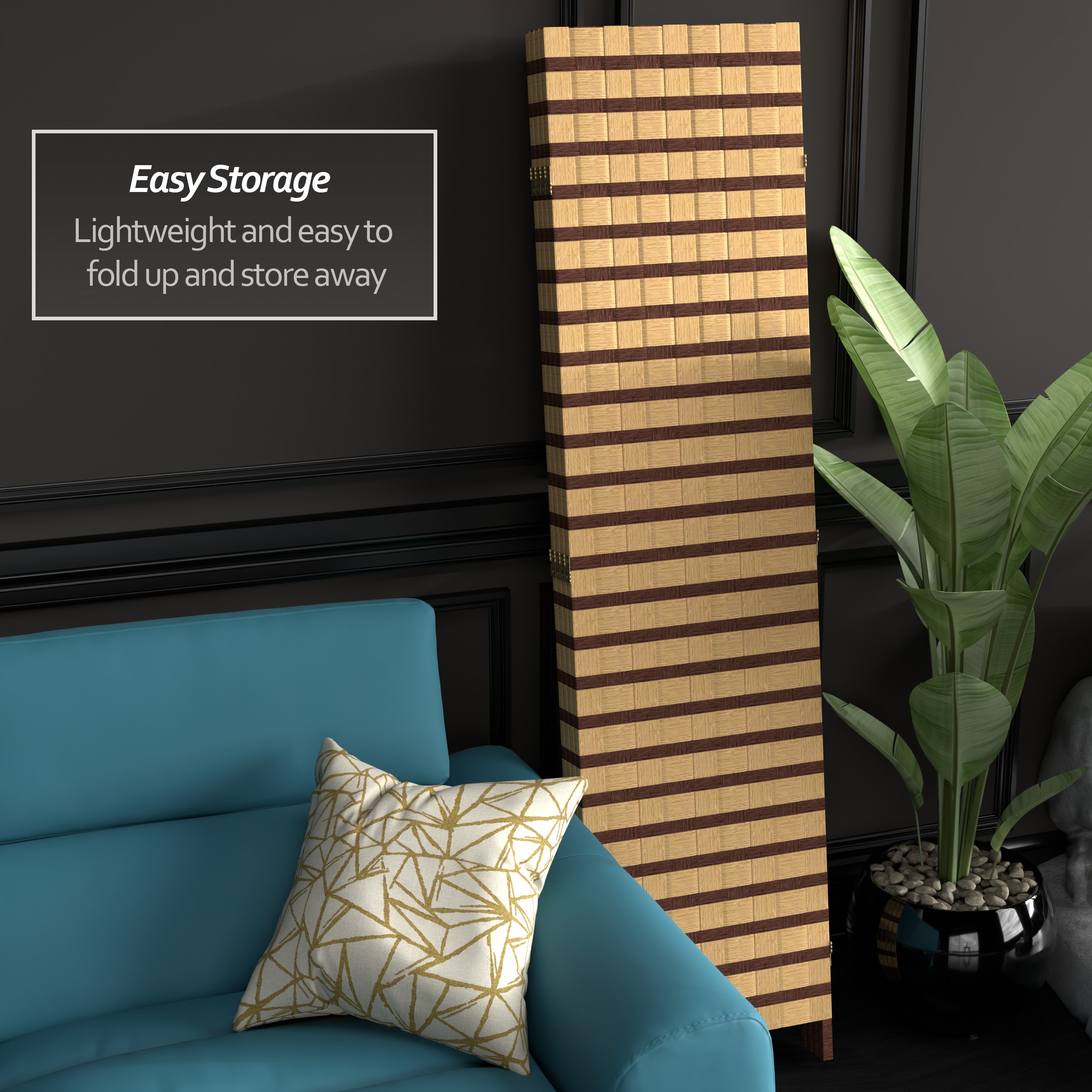 Natural Fiber Two-Tone Folding Room Divider with Spruce Frame