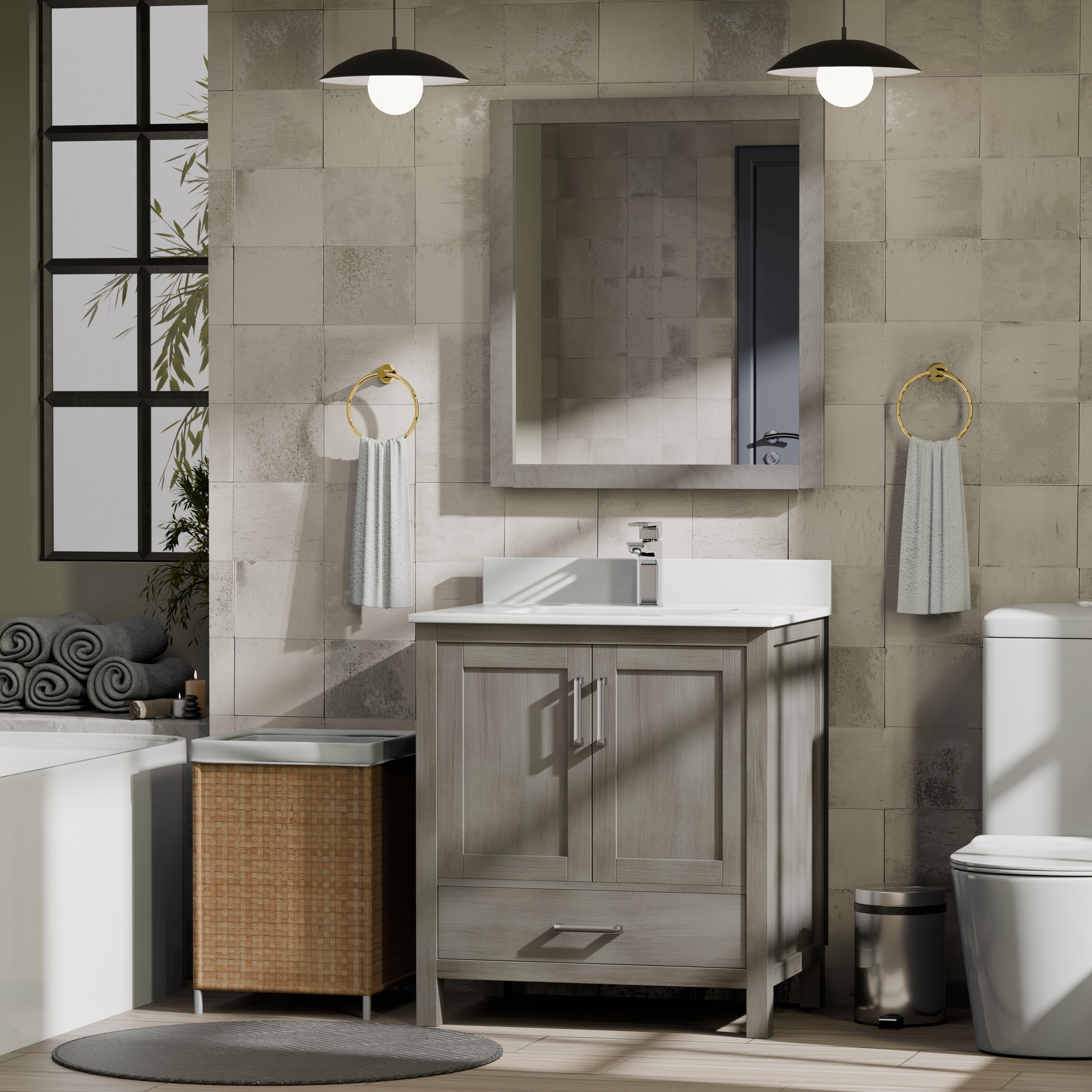 Lexora Jacques 30-in Distressed Grey Undermount Single Sink Bathroom Vanity with White Cultured Marble Top (Faucet Included) (Fully Assembled)