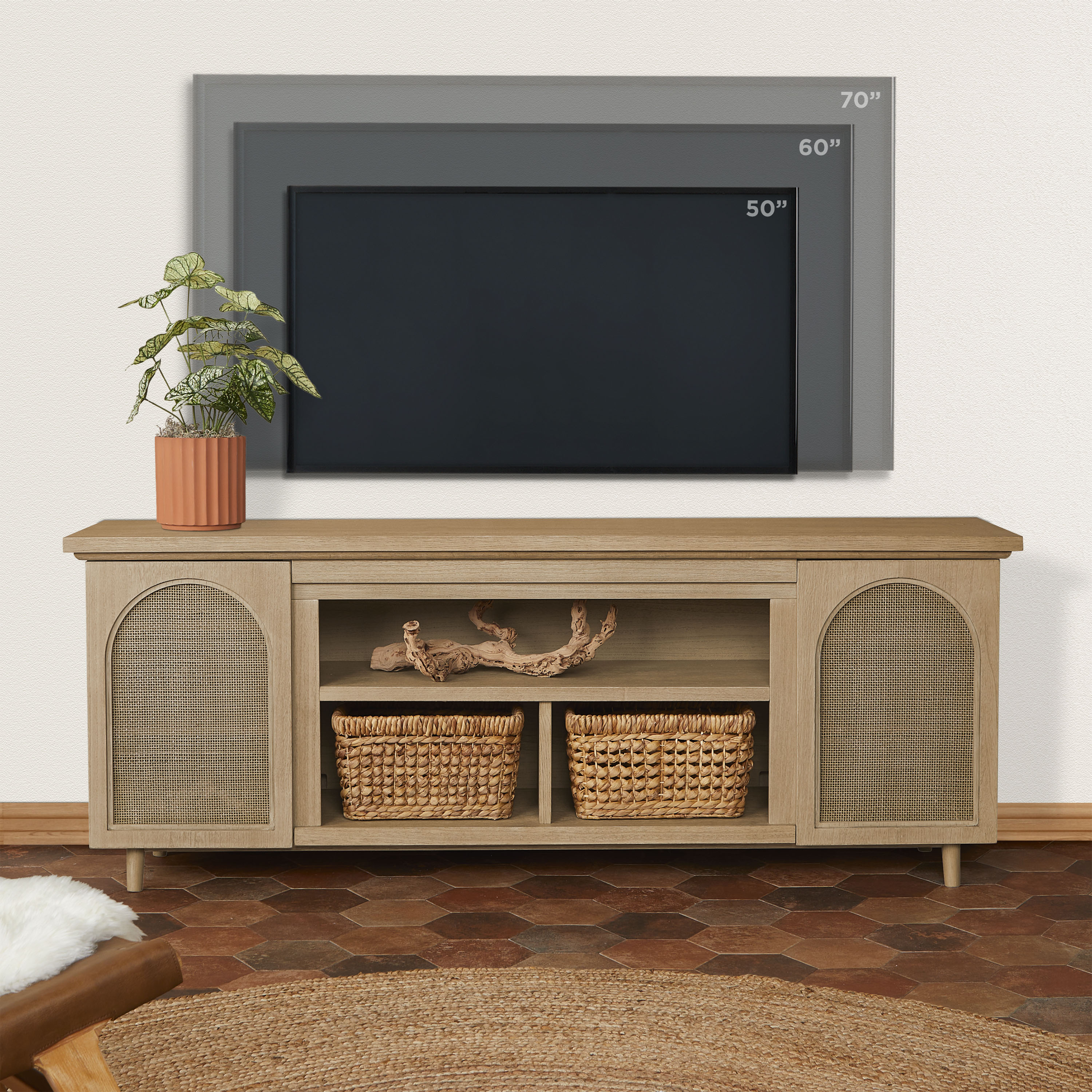 Dahlia 76" White Oak TV Stand with Fireplace and Cabinet