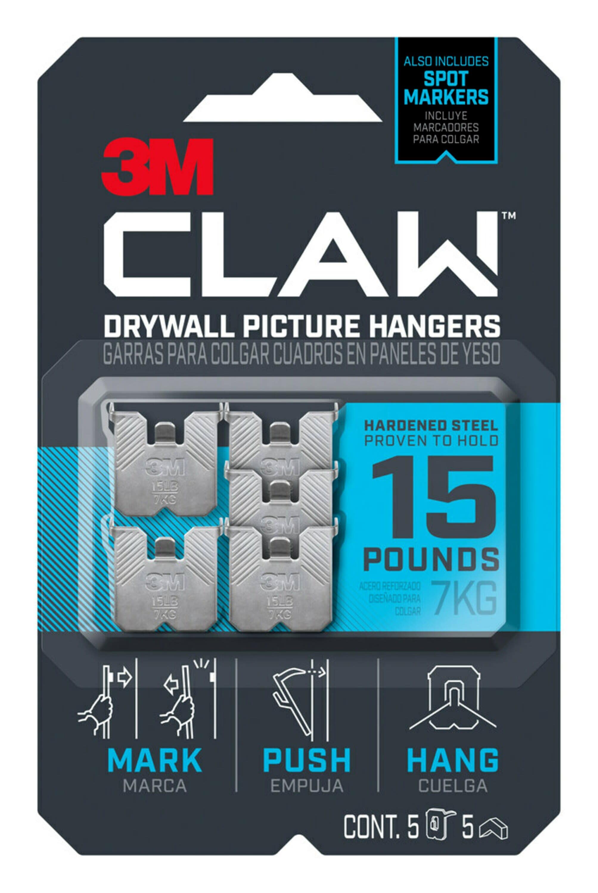 3M Claw Drywall Picture Hanger 45lb/20kg Capacity 3 Pck Hardened Steel Push  Hang