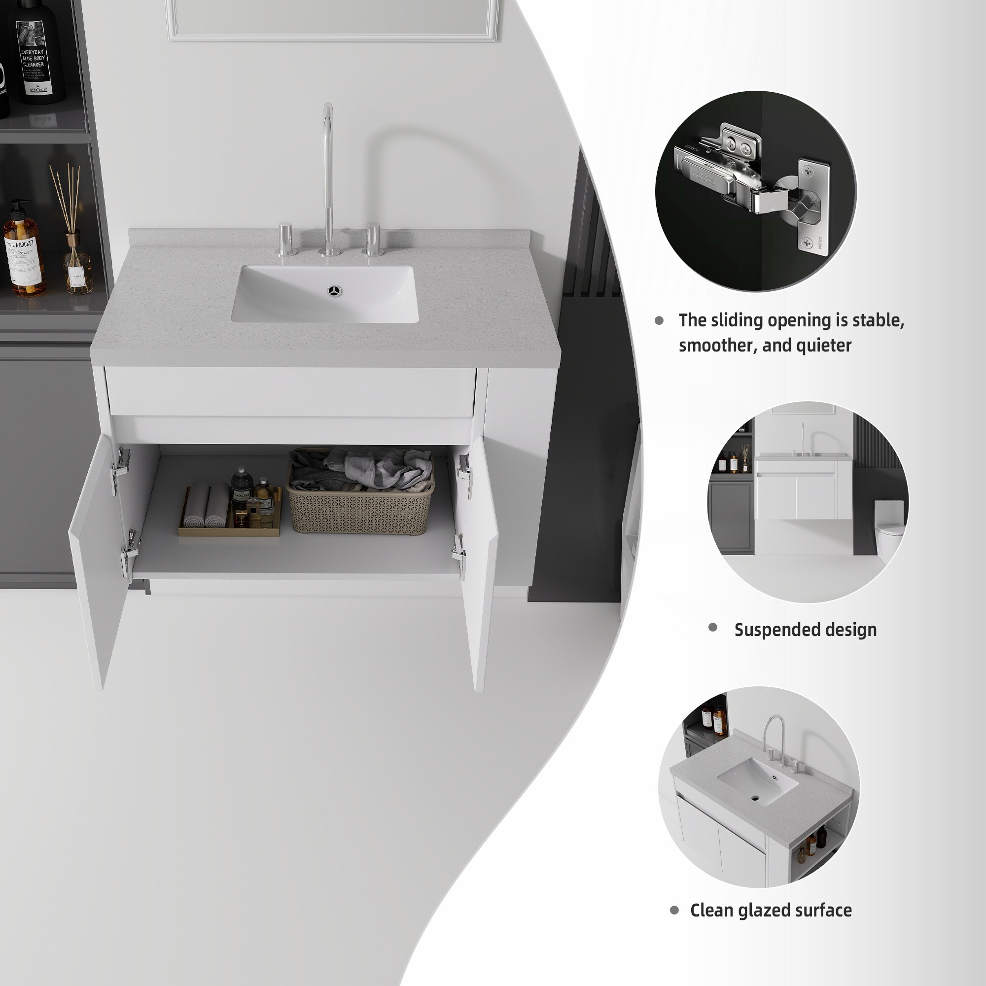 Vynxaria 36-in White Two Door Single Sink Floating Bathroom Vanity with ...