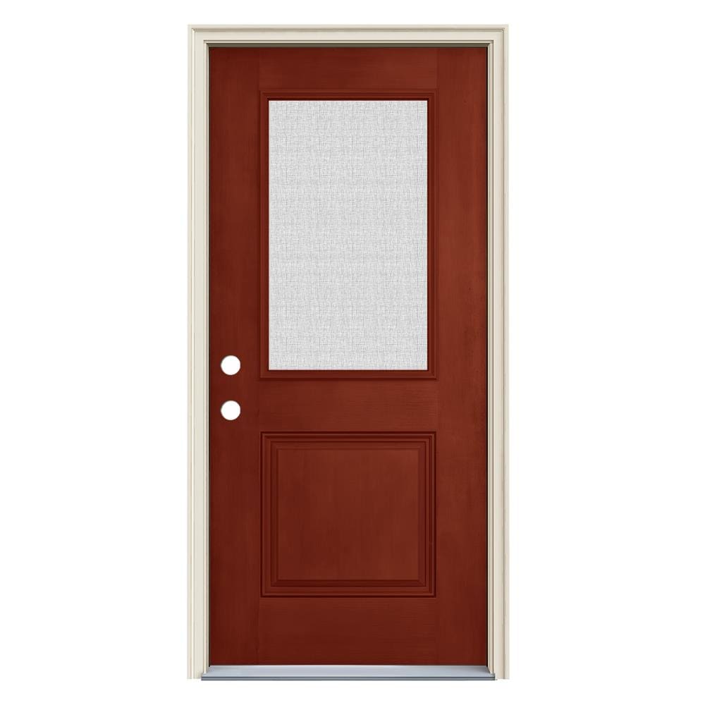 JELD-WEN LOWOLJW231800014 36-in x 80-in x 4-9/16-in Fiberglass Half lite Right-hand inswing Black Cherry Stained Prehung Front Door with Brickmould Insulating core