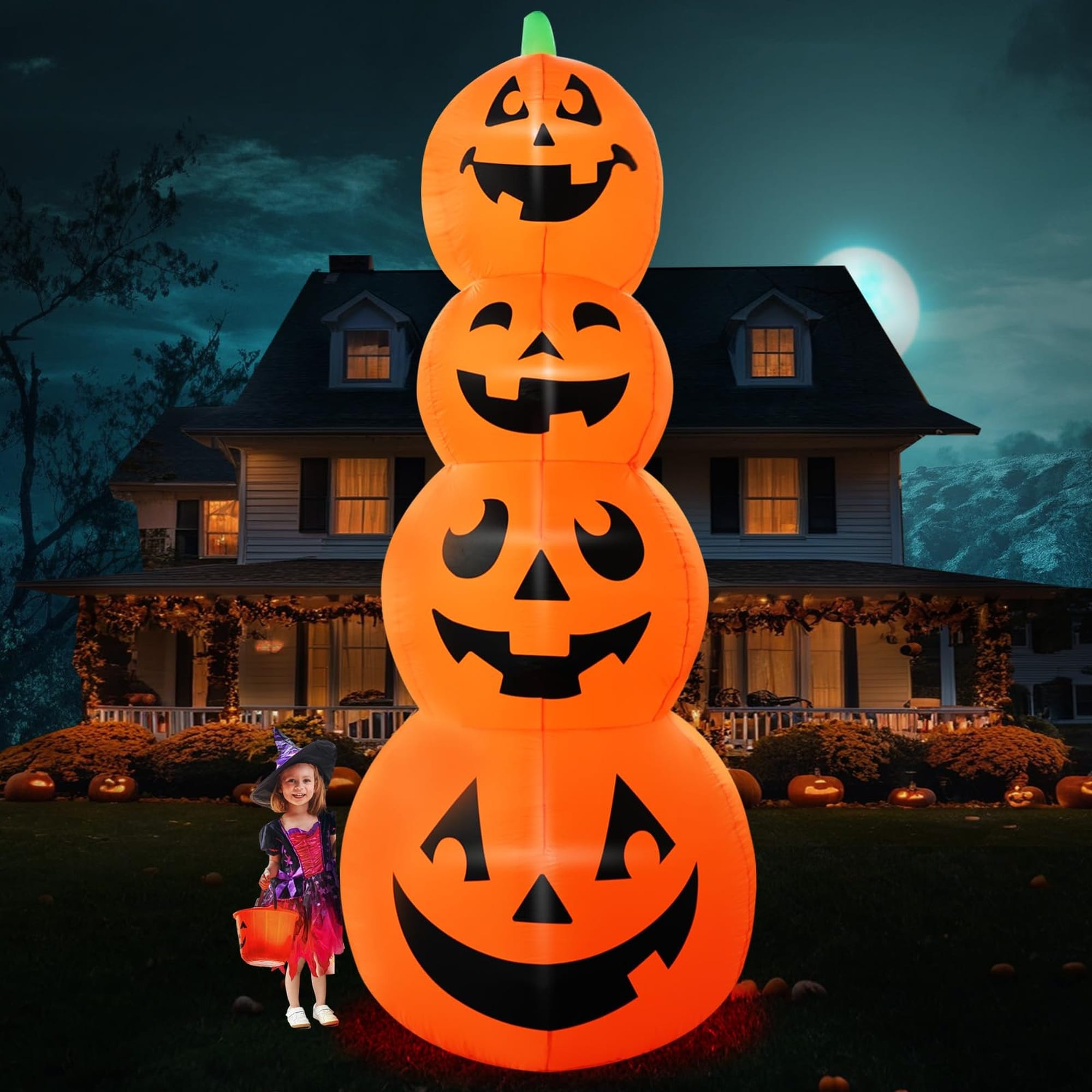 Numhew 4.7ft W 4.6ft D 12ft H 4-Light LED Stacked Pumpkin Halloween Inflatable Yard Decoration