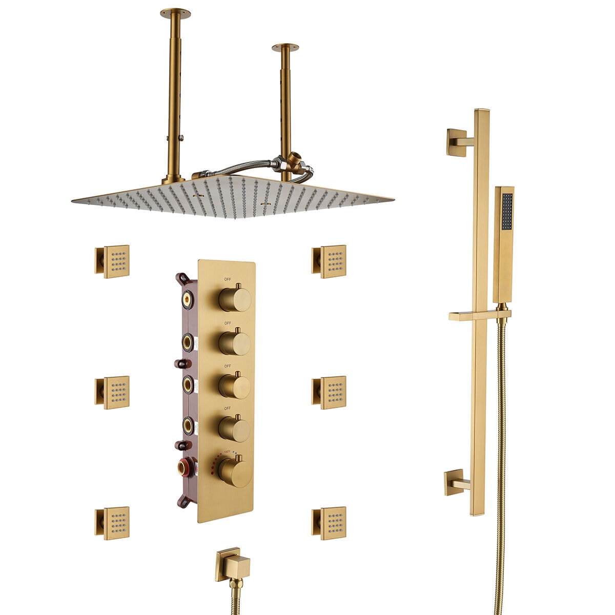 LUCKY ONE MD6076-BG Brushed Gold 16-in Built-In Shower Faucet System with 3-way Diverter ( Thermostatic Valve Included )