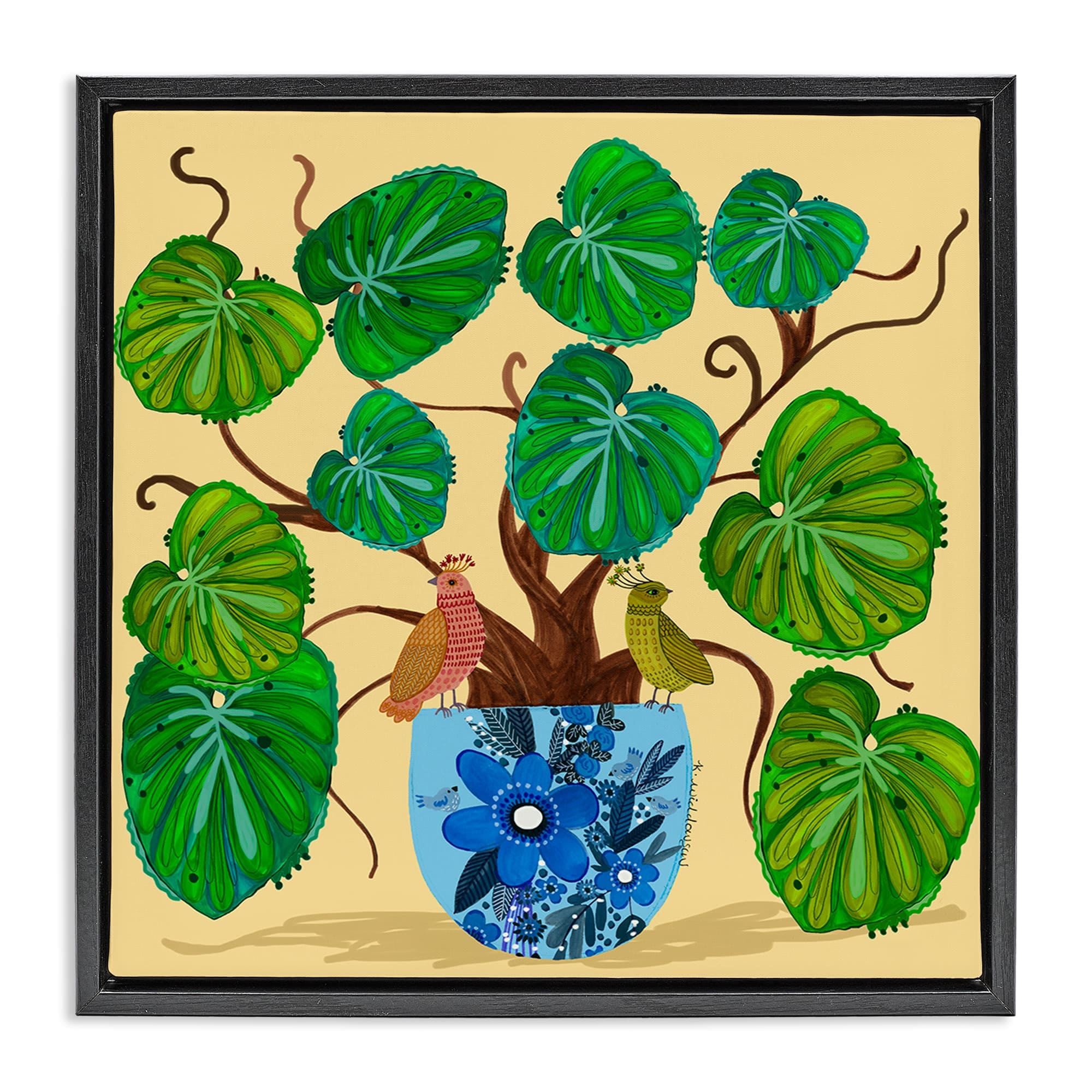 Stupell Industries BS-610-FFB-24X24 Potted Plant and Birds Perched Black Framed Floater Canvas Wall Art By Kay Widdowson 25 x 25