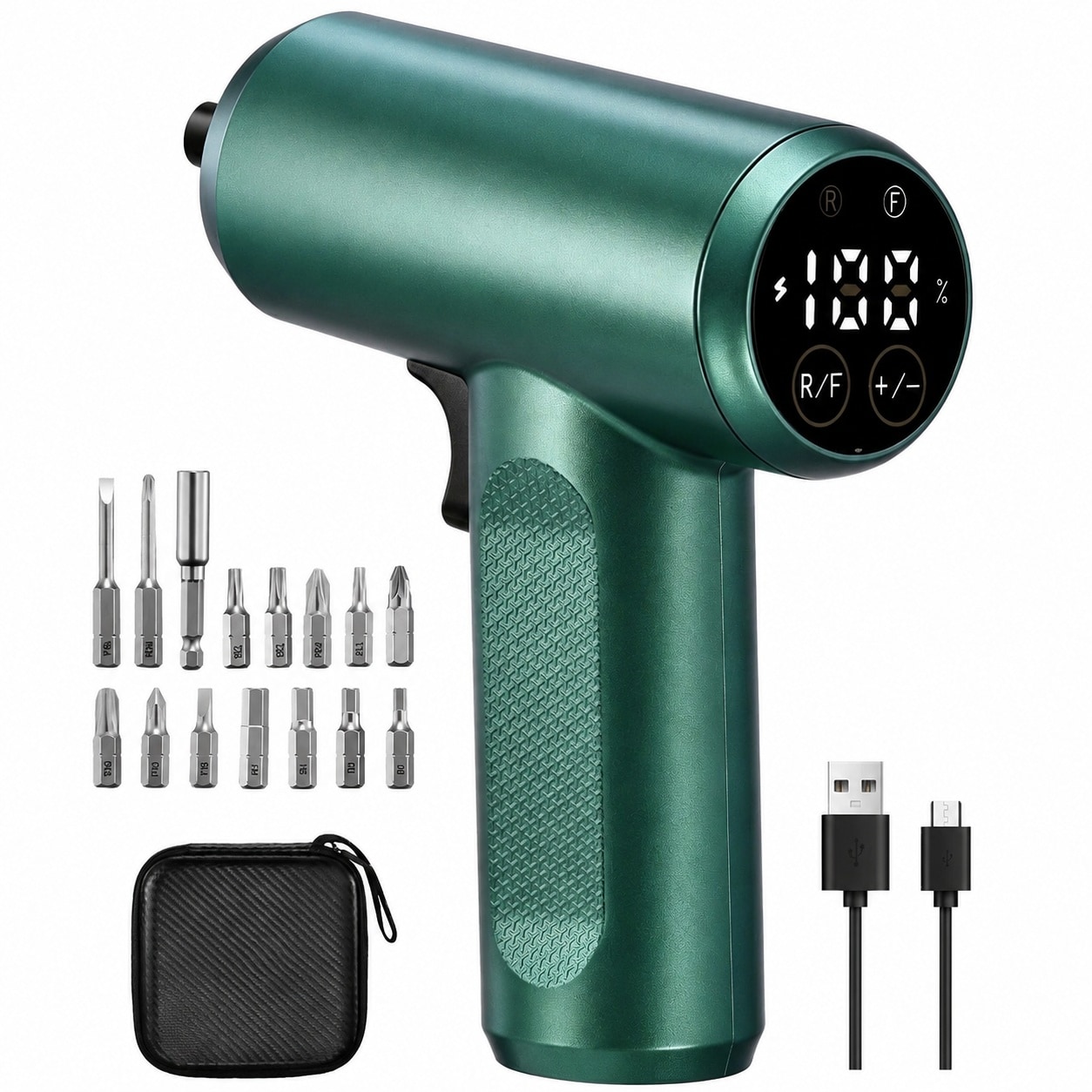Adrinfly  Cordless Screwdriver 3.7V Electric Screwdriver with LCD Touchscreen 8 Torque Settings Includes 15 Pieces Bits Carry Bag USB Cable Tool