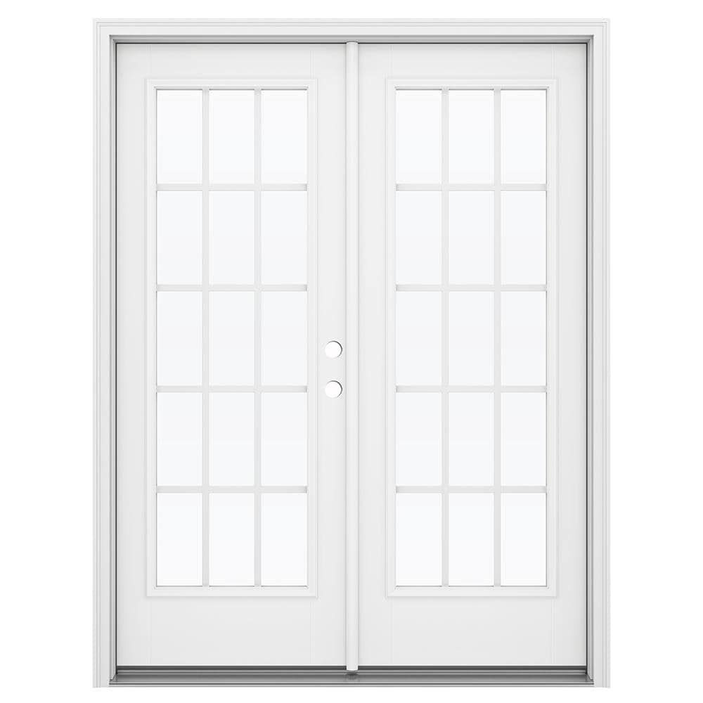 JELD-WEN LOWOLJW184100114 F-3500 60-in x 80-in x 4-9/16-in Jamb Low-E Grilles between the glass , White Fiberglass Left-hand inswing French Double Patio Door Brickmould Included
