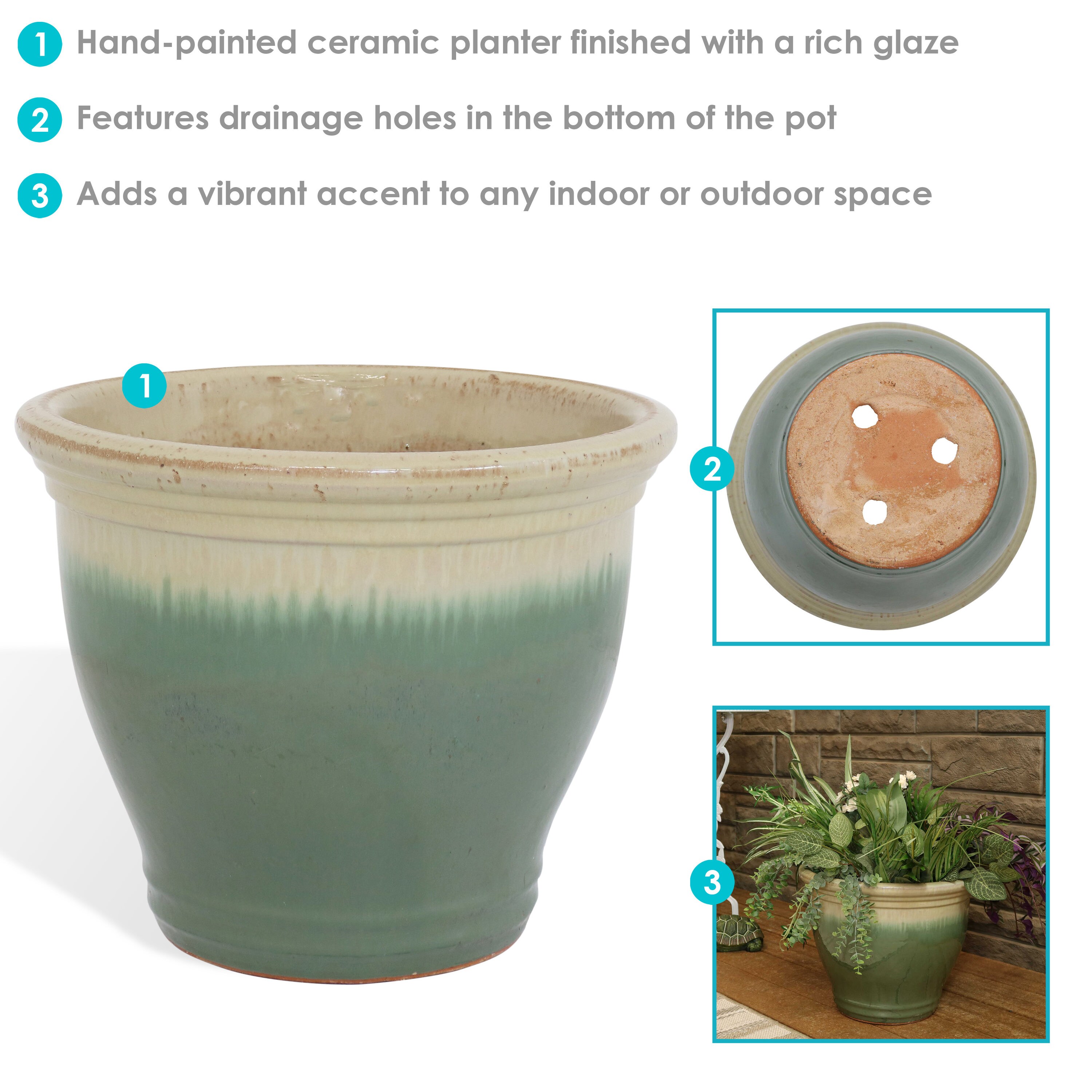 Seafoam and Beige Glazed Ceramic 15" Planter with Drainage Holes