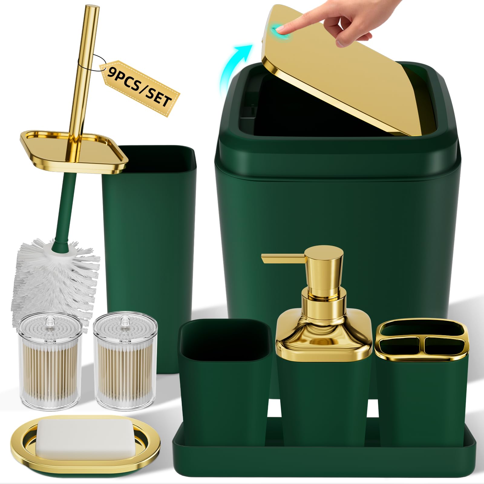 Lovav - Dark Green Gold Bathroom Set 9 Piece Bathroom Accessories Set With Trash Can Toilet Brus...