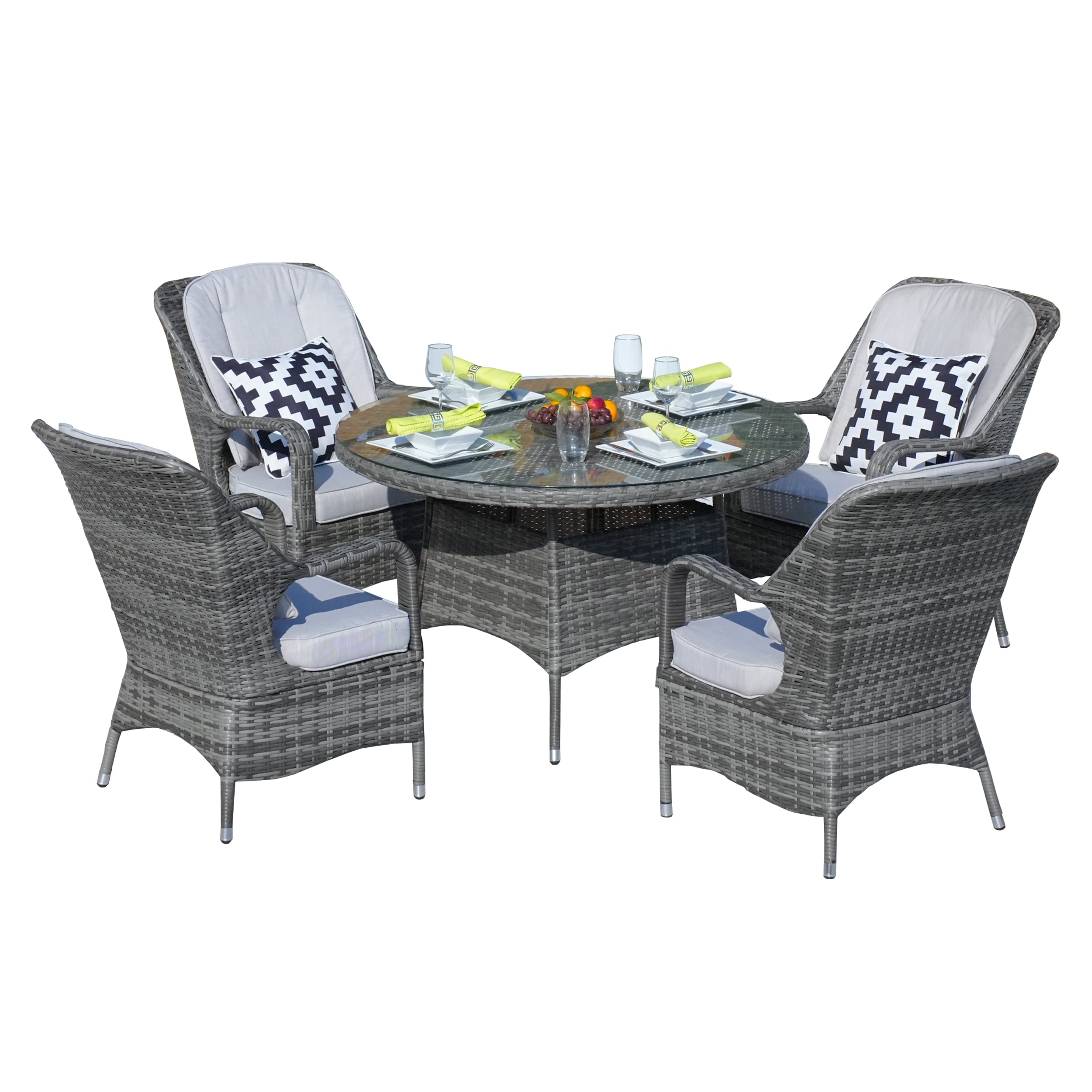 Moda Furnishings MD-PAD-1709-G Dining of 1709 in gray 5 -Piece Gray Wicker Patio Dining Set Wicker Round Table with 4 Tan Cushions Stackable Stationary Chairs