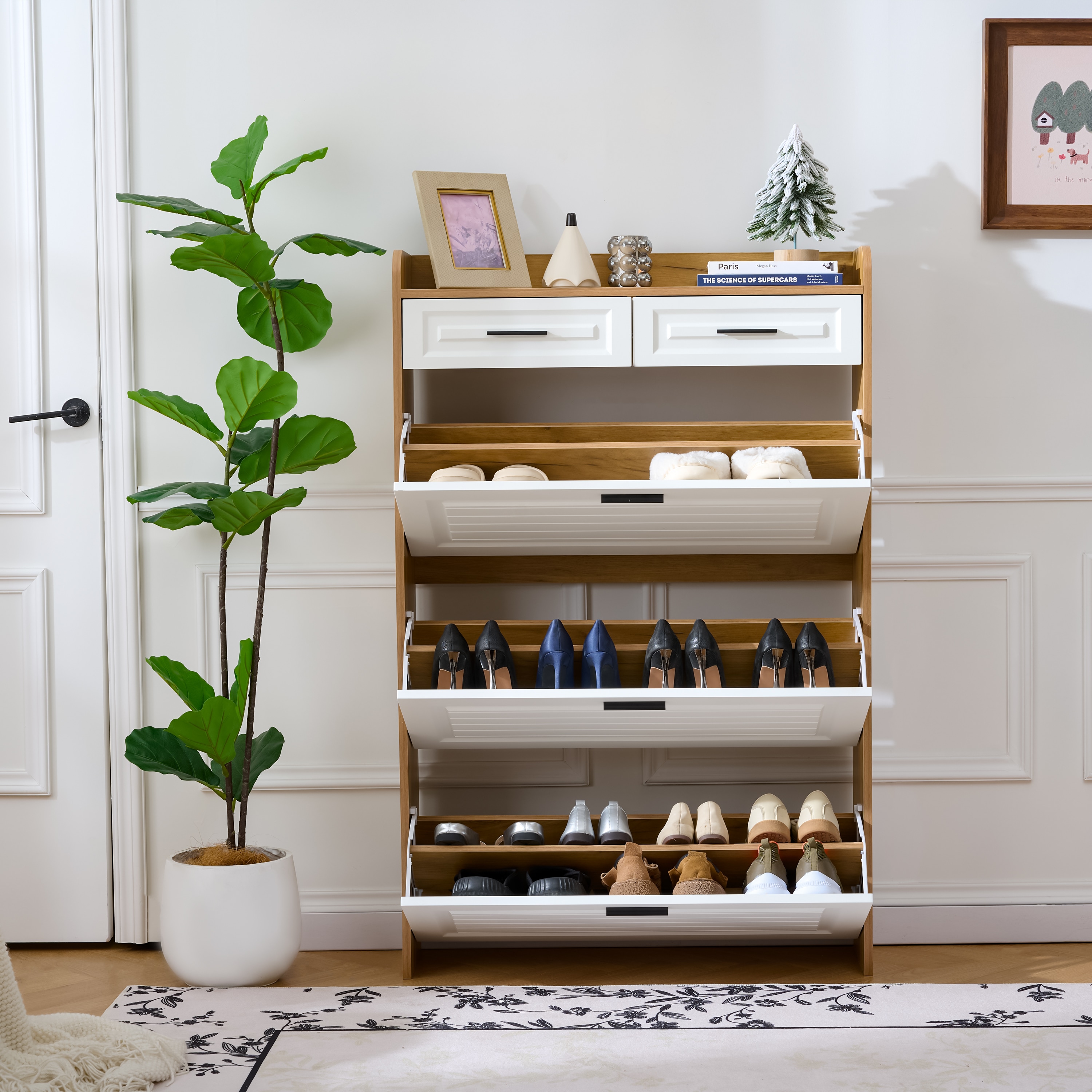 Huluwat Shoe Cabinet with 3 Hidden Flip Drawers and 2 Storage drawer Particle Board Narrow Shoe Storage Cabinet Freestanding Shoe Organizer Cabinet for Entryway Hallway White Walnut