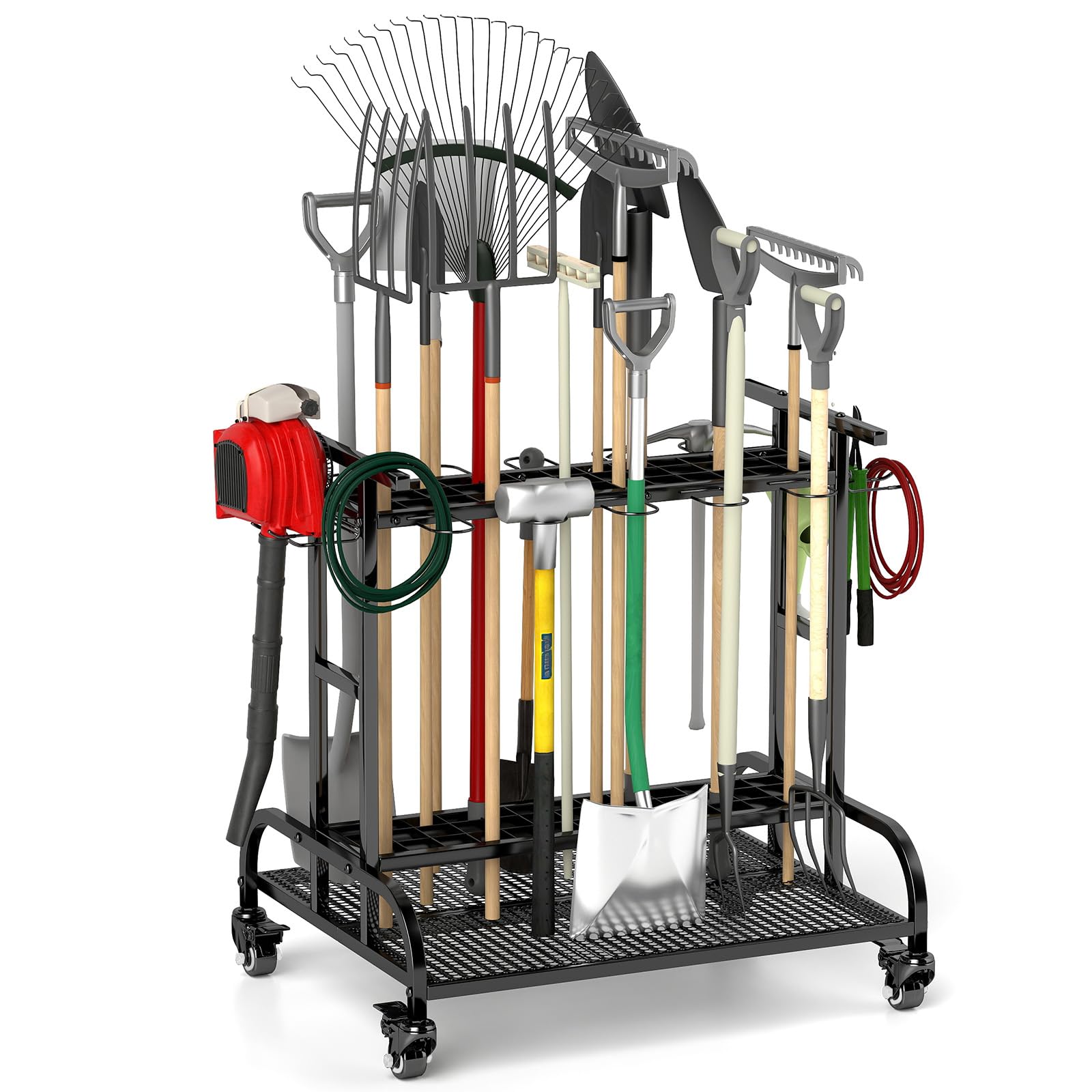 Ahfiwaso LS Brand Large Capacity Garden Tool Organizer with Wheels Metal Garage Tool Rack with Hooks for Broom Shovel Long Handle Tools Yard Storage Cart