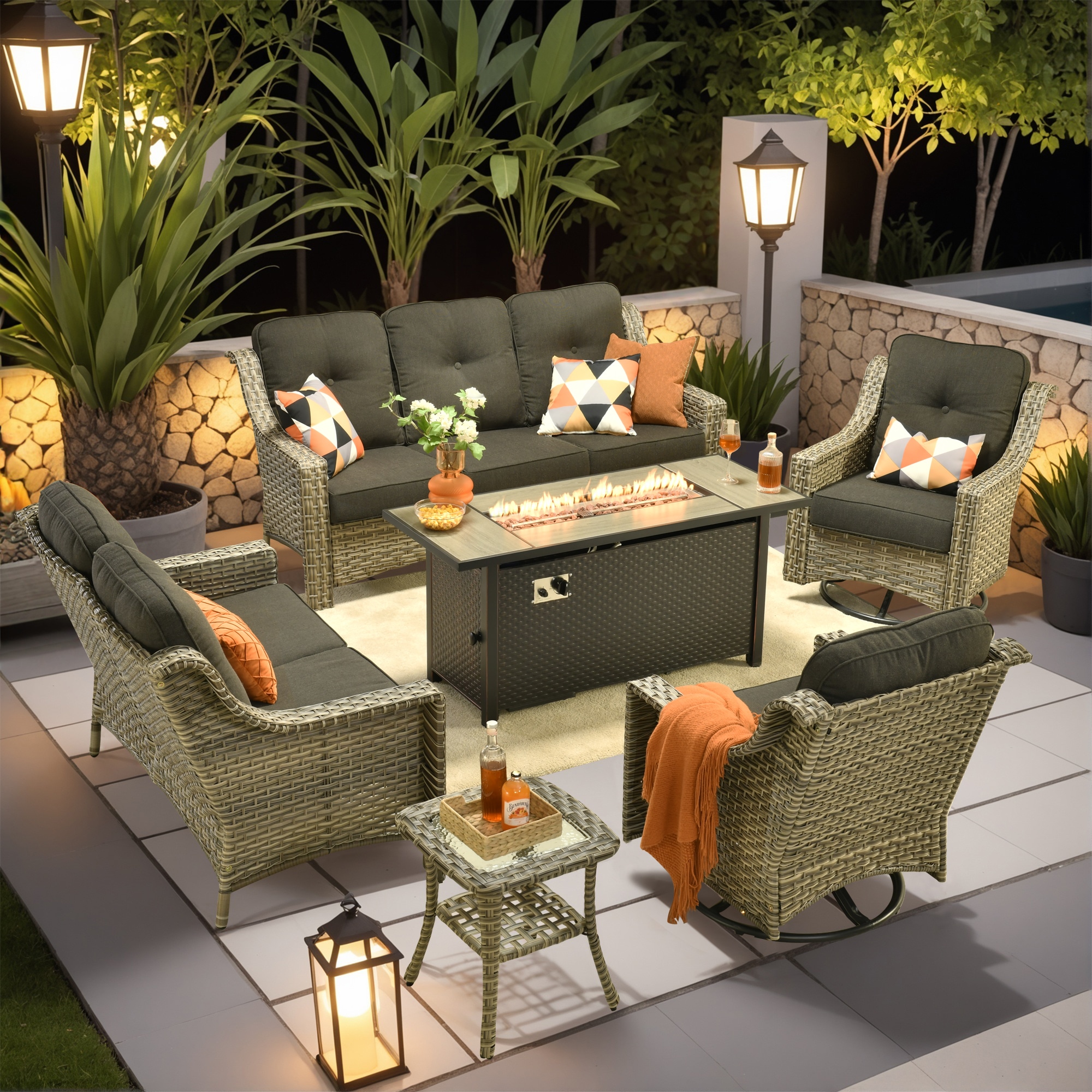 XIZZI XIPADF1055-RC3IFP54 Pyrophyllite 6 -Piece Rattan Patio Sofa Conversation Set with Black Cushions