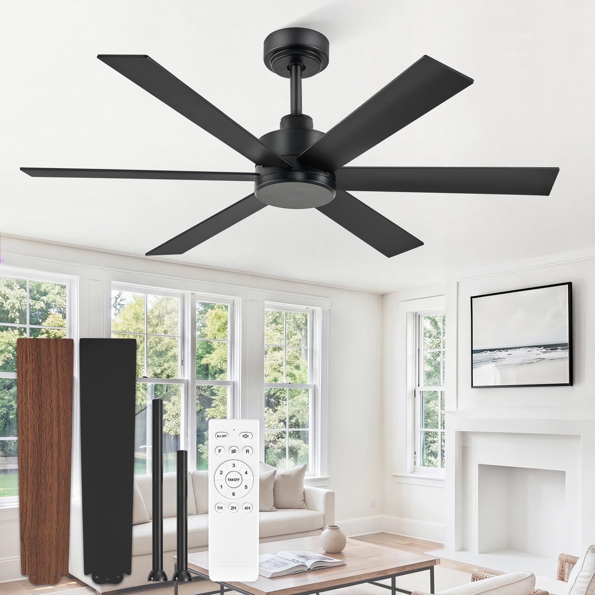 Lukvuzo  48 Inch Black Ceiling Fan Without Light 6 Blade Quiet Reversible DC Motor 6 Speed Remote Dual Finish Indoor Outdoor 1 Piece