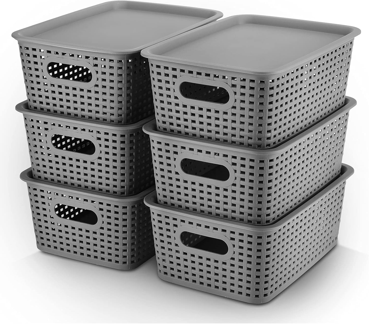 Misopily 6 Pack Plastic Storage Baskets with Lids 10.2 in L x 7.1 in W x 4.1 in H Stackable Organizer Bins with Handles for Closet Shelf Drawer