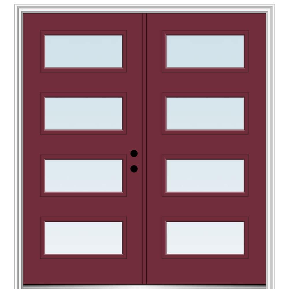 MMI DOOR ZZ345637L Spotlights 72-in x 80-in x 4-9/16-in Fiberglass Pulse lite Left-hand inswing Burgundy Painted Prehung Double Front Door with Brickmould Insulating core