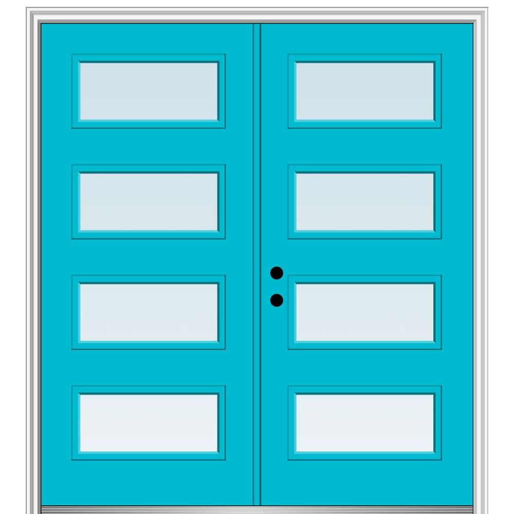 MMI DOOR ZZ345553R Spotlights 72-in x 80-in x 4-9/16-in Fiberglass Pulse lite Right-hand inswing Bahama Blue Painted Prehung Double Front Door with Brickmould Insulating core