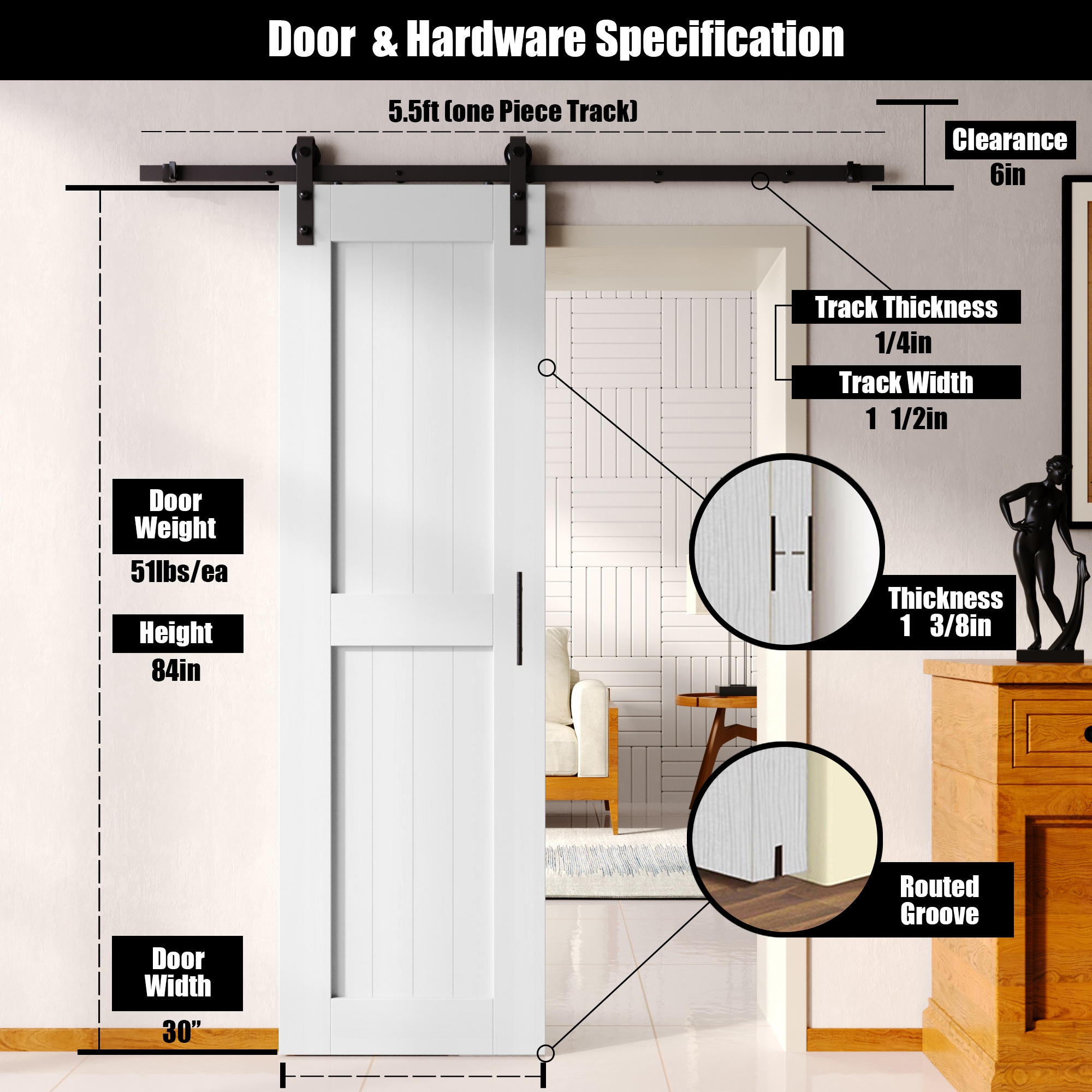 HOMACER YT1TGH066C-3084-H-WH Barn-Doors - View #2