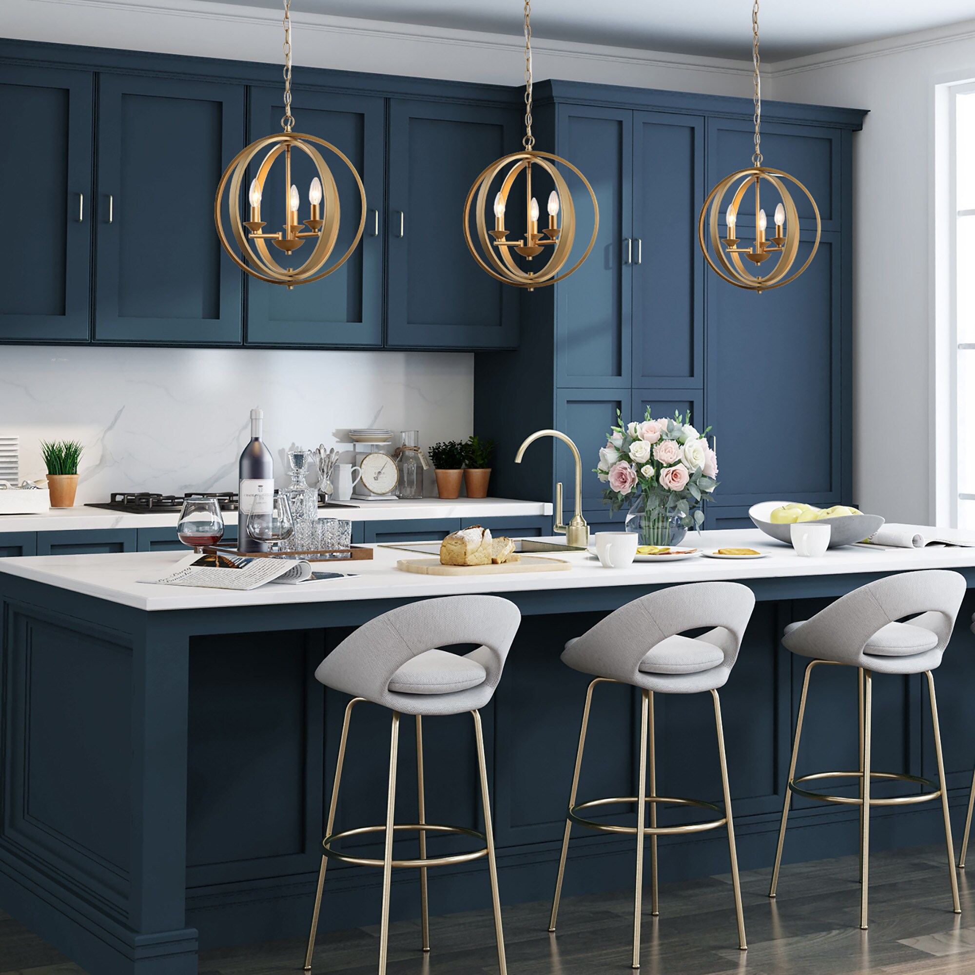 Aqua Blue Plank Kitchen Island with Three Pendants - Transitional