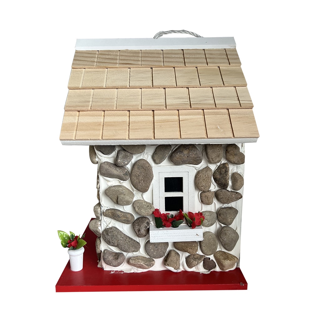 Handcrafted Stone Cottage Birdhouse with Red Accents