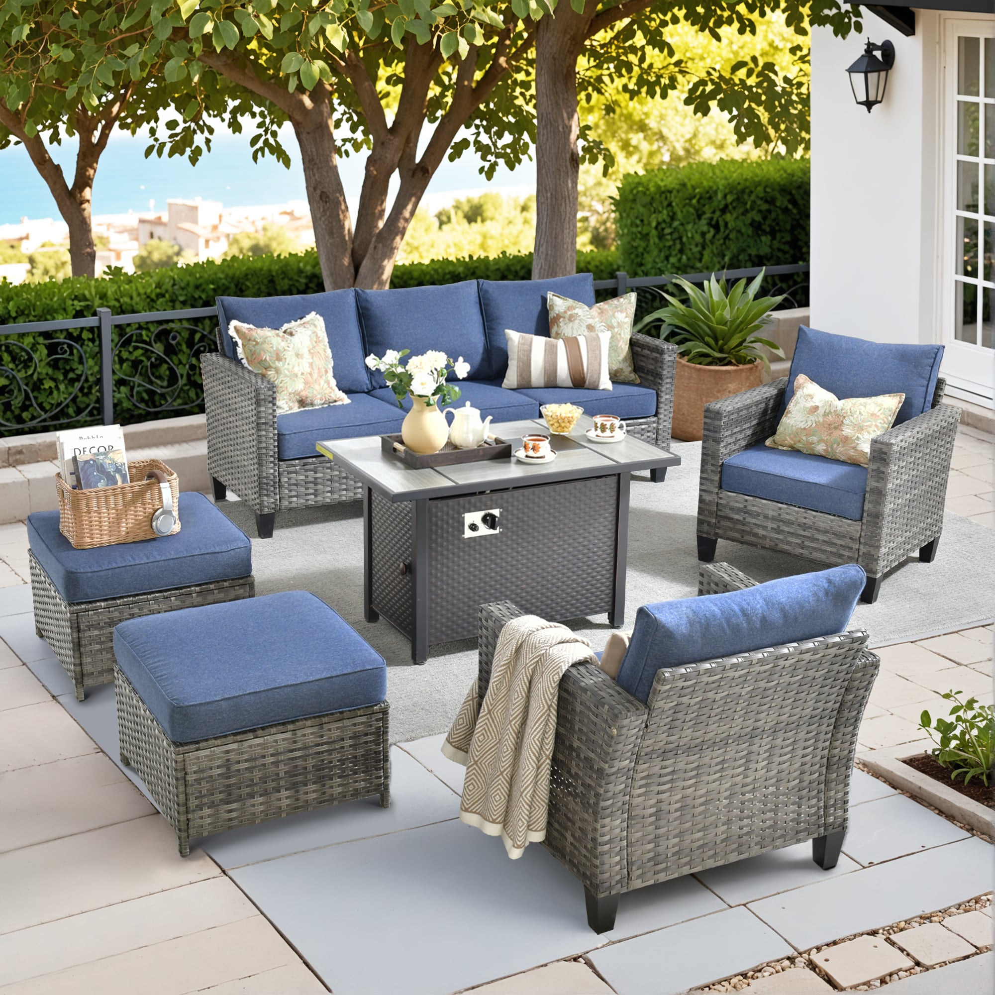 Pouuin SCFPNGRS305 6 -Piece Wicker Patio Sofa Conversation Set with Blue Cushions