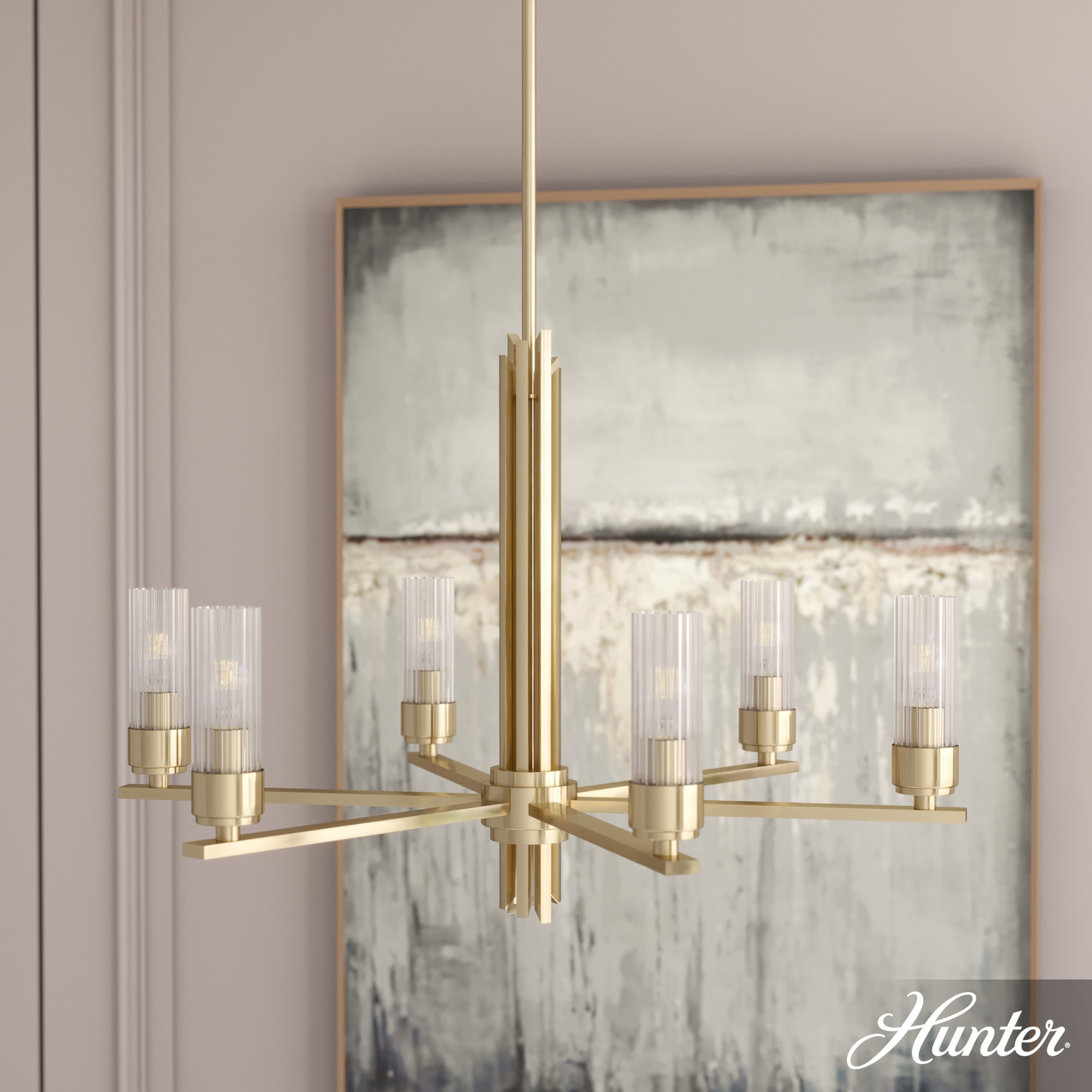 Hunter 19785 Gatz 6 -Light Satin Gold Modern/contemporary For Use in Bedrooms, Dining Rooms, Foyers, Kitchens, Living Rooms Chandelier