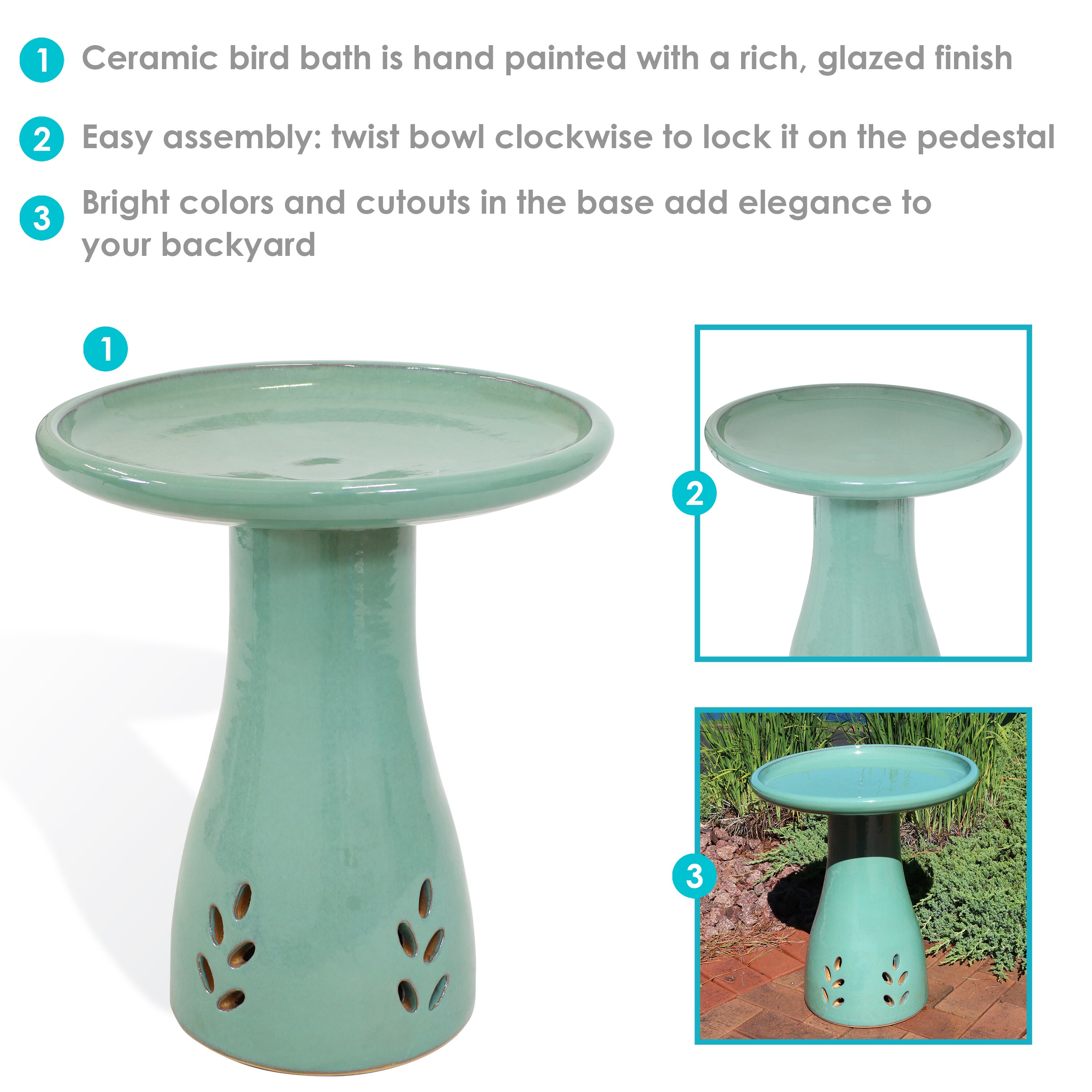 Seafoam Glazed Ceramic Hand-Painted Outdoor Bird Bath Stand