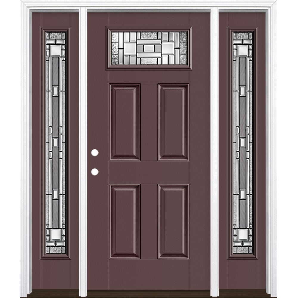 Masonite 3421380 Naples 64-in x 80-in x 4-9/16-in Fiberglass 1/4 lite Right-hand inswing Currant Painted Prehung Single door with sidelights Front Door with Brickmould Insulating core Decorative glass