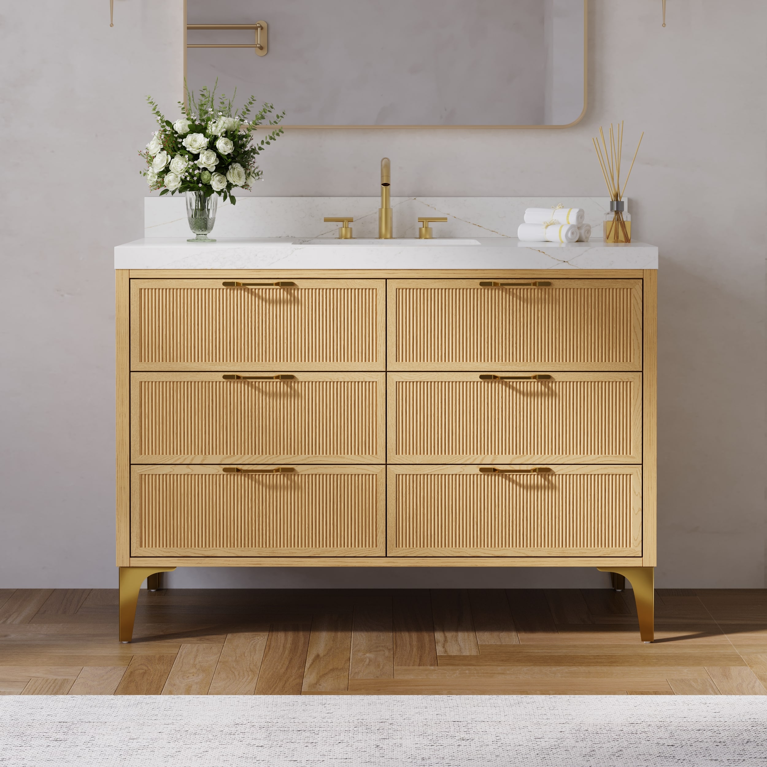 Forclover Fully Assembled Oak Undermount Single Sink Bathroom Vanity with White Quartz Top