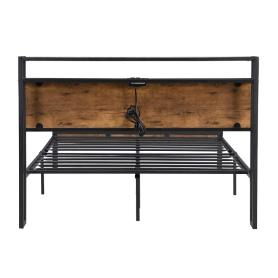 Queen Black Metal Platform Bed Frame with Wooden Headboard and Storage