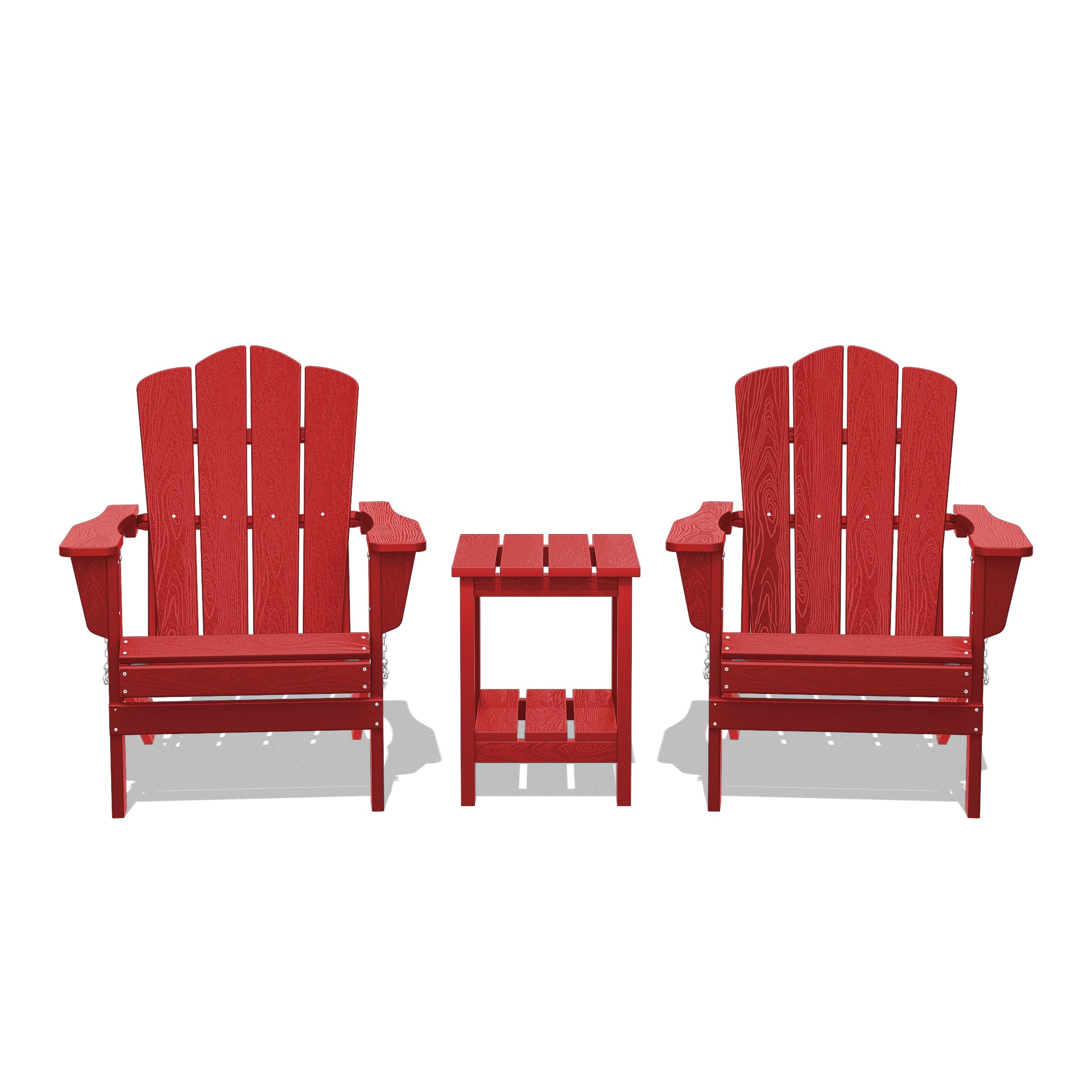 JEAREY YDZDY3JT-LR Patio Folding Adirondack Chair Set of 2 with a Side Table Set of 2 Stackable Light Red HDPE Frame Stationary Adirondack Chair with Slat Seat