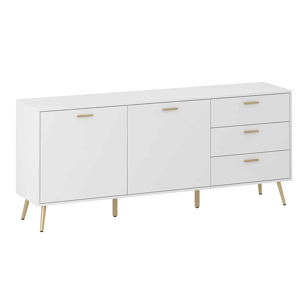 Homsee V-KF200106-03 Modern White Sideboard with 3 Drawers and 4 Open Compartments Gold Metal Handles and Legs
