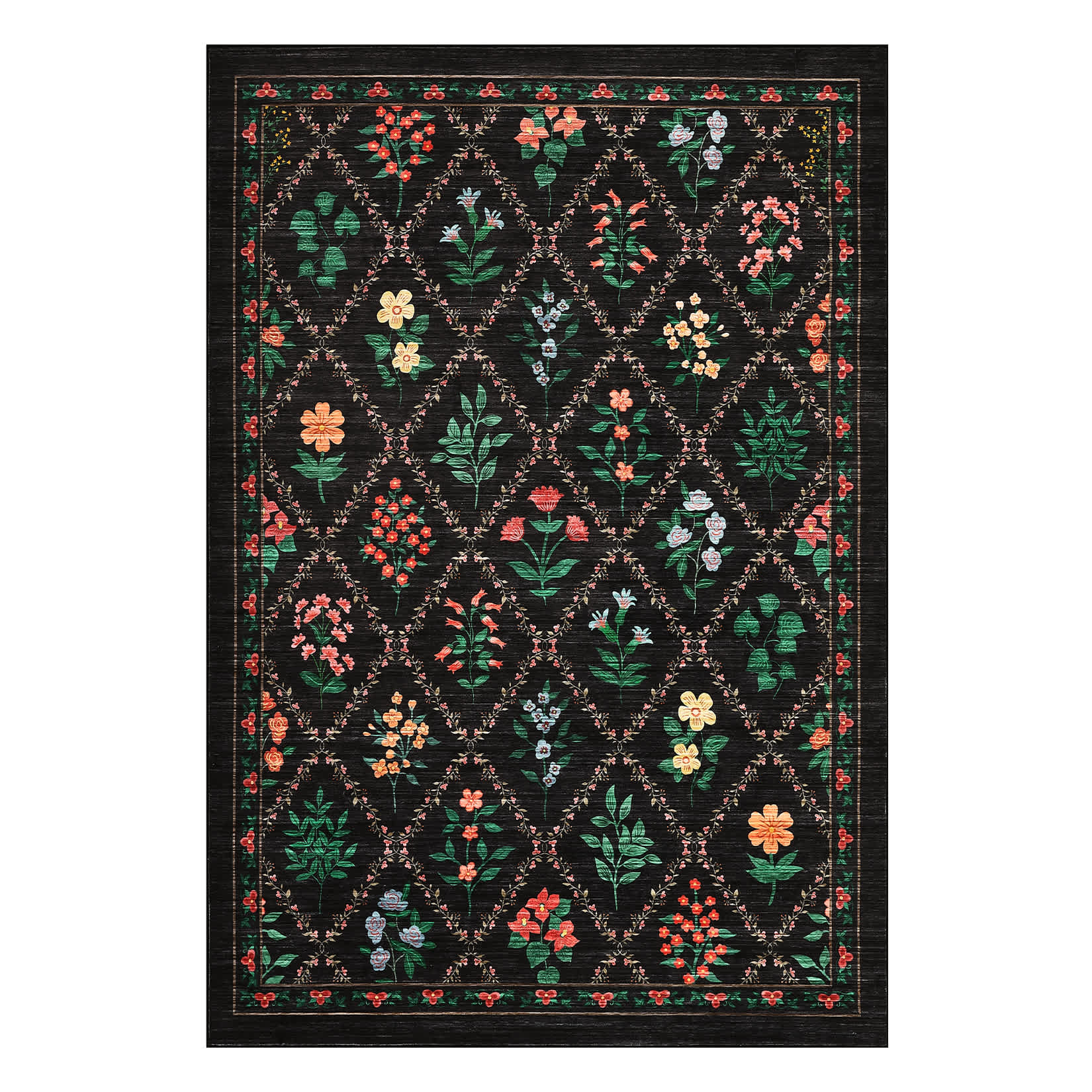 Qeetex SUNNY-PHK-34SHFTVV 5 x 7 ft Polyester Black Rectangular Living Room Bedroom Dining Room Floral Print Modern Farmhouse Machine Washable Area Rug