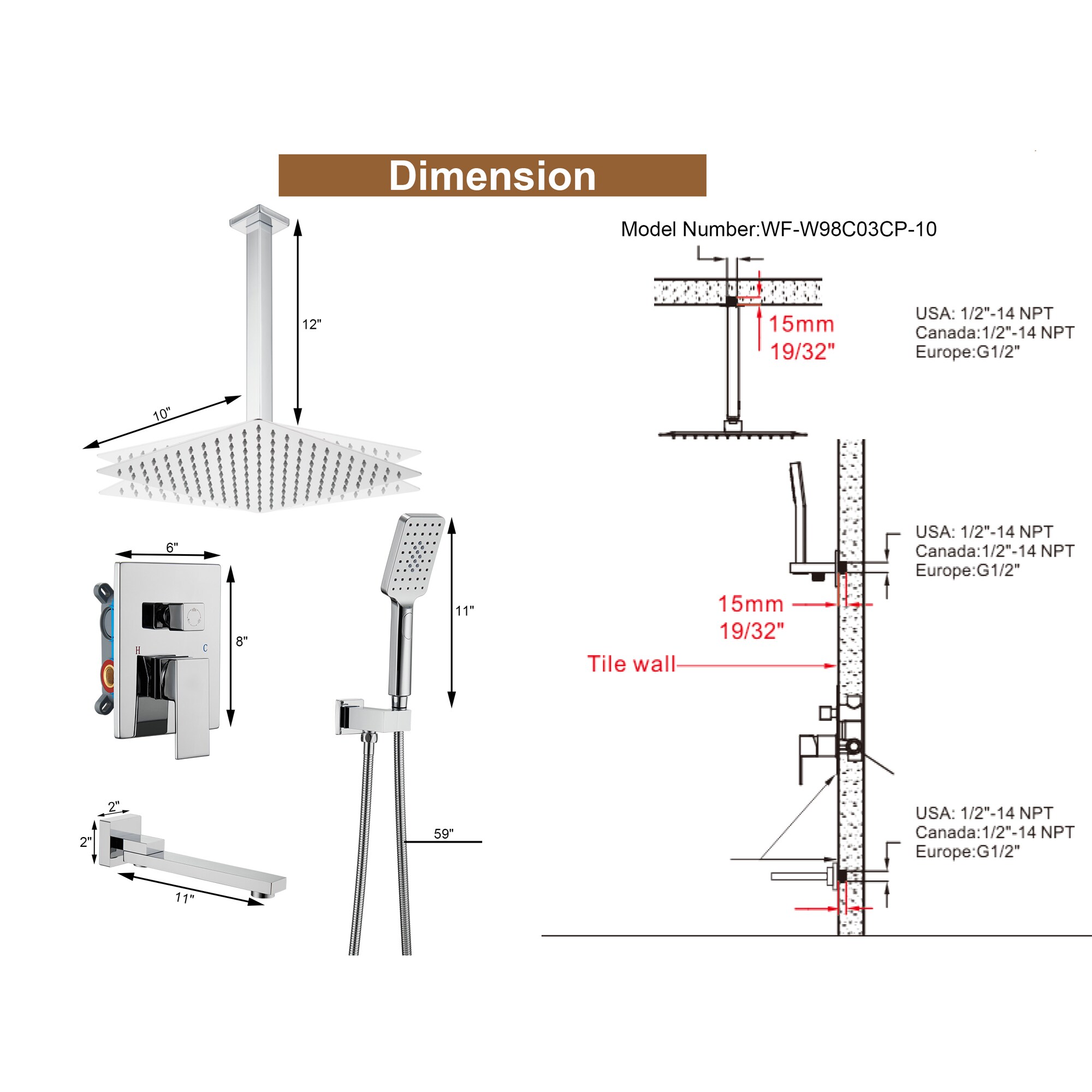 Clihome CL-EB10WMB Showerhead-Bar-Panels - View #11