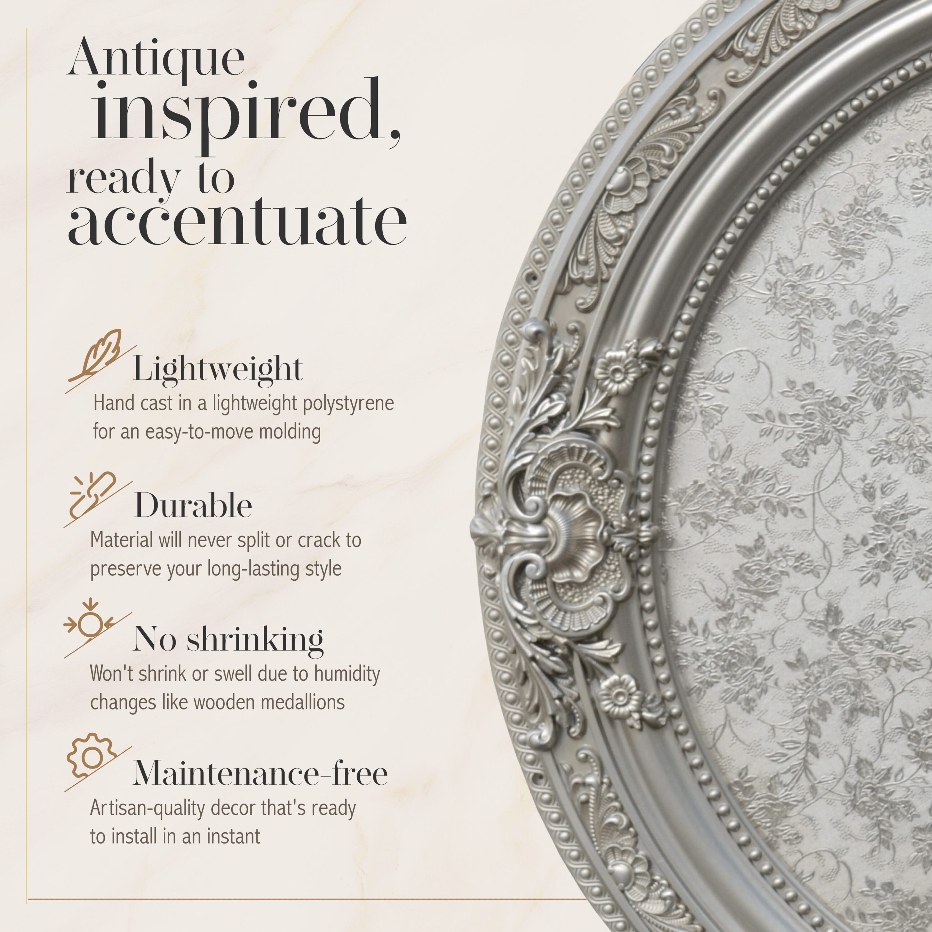 Antique Silver Round Chandelier Ceiling Medallion with Floral Design, 36 Inches