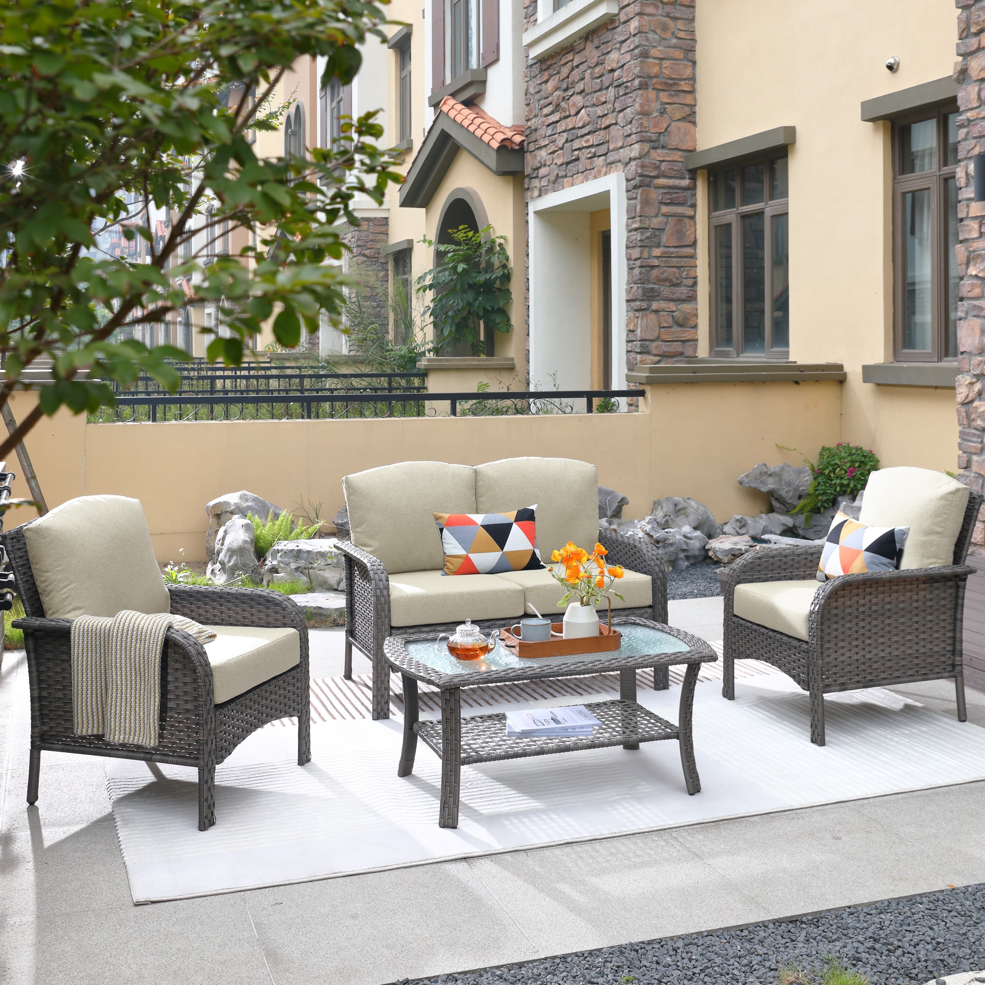 weaxty HMBGNDS604 Initial 4 -Piece Wicker Patio Conversation Set with Off-white Cushions