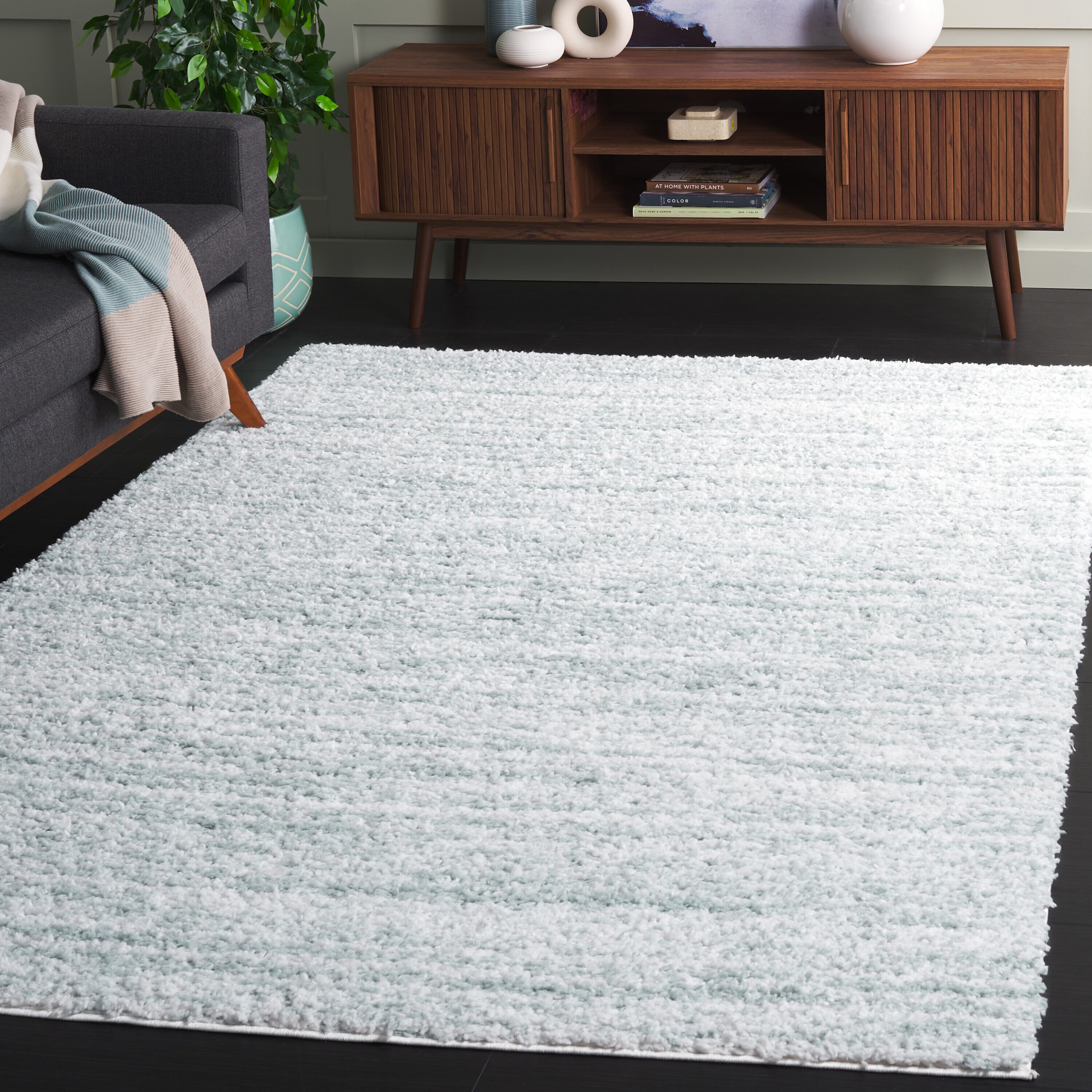 Rumi Shag 5 x 8 (ft) Loomed Polyester Aqua/Ivory Rectangular Indoor Solid Professionally Clean Only Area rug
